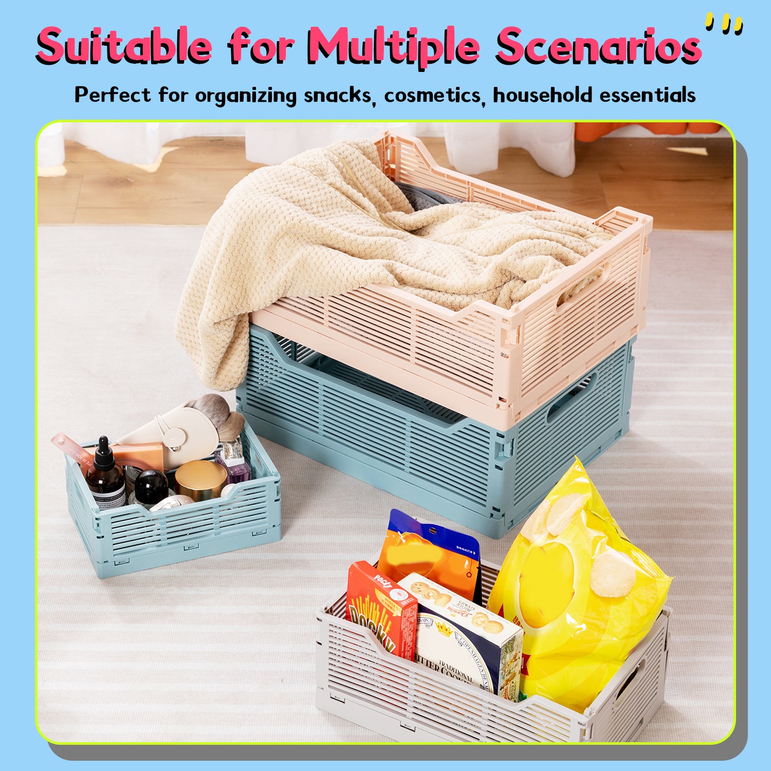 VUSIGN 4-Pack Foldable Storage Bins, Stackable Plastic Storage Crates for Home Office, Folding Storage Basket Containers