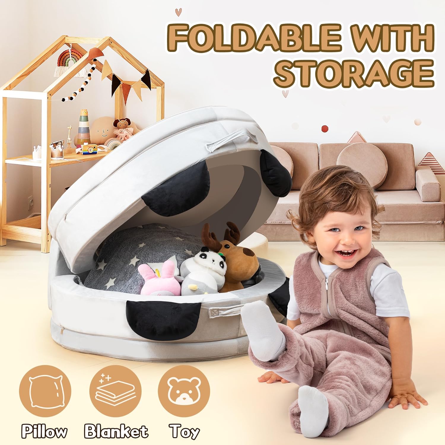 Toddler Travel Bed Panda Style – Foldable & Portable Floor Bed for Kids, Washable Toddler Cot with Safety Rails, Perfect for Children 18M – 5yr Old