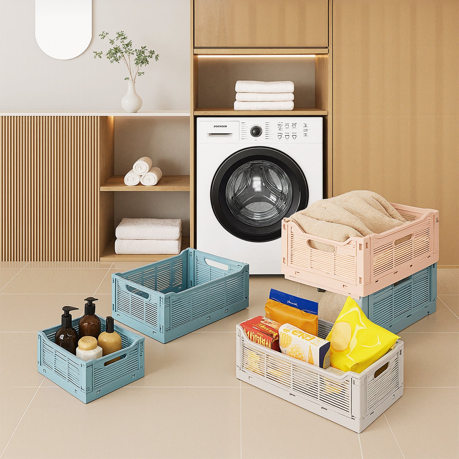 VUSIGN 4-Pack Foldable Storage Bins, Stackable Plastic Storage Crates for Home Office, Folding Storage Basket Containers
