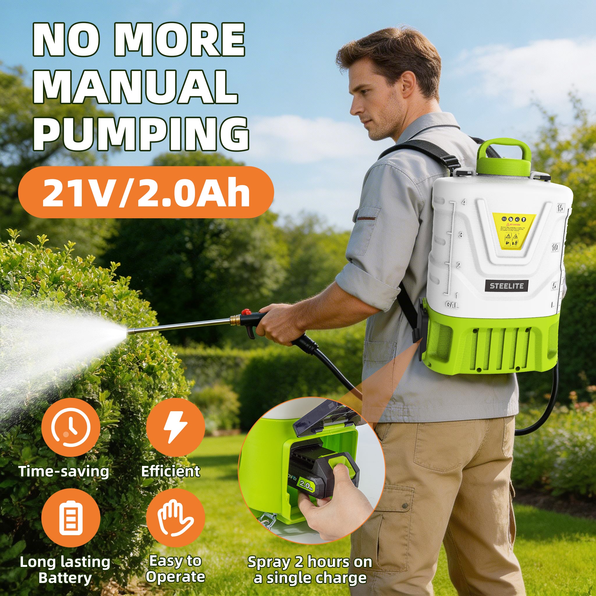 Steelite 21V 2.0Ah Battery Powered Backpack Sprayer,4.2 Gallon Electric Graden Sprayer,Adjustable Pressure Weed Yard Sprayer with Telescopic Wand & 5 Nozzles, Wide Mouth Lid for Weeding, Spraying