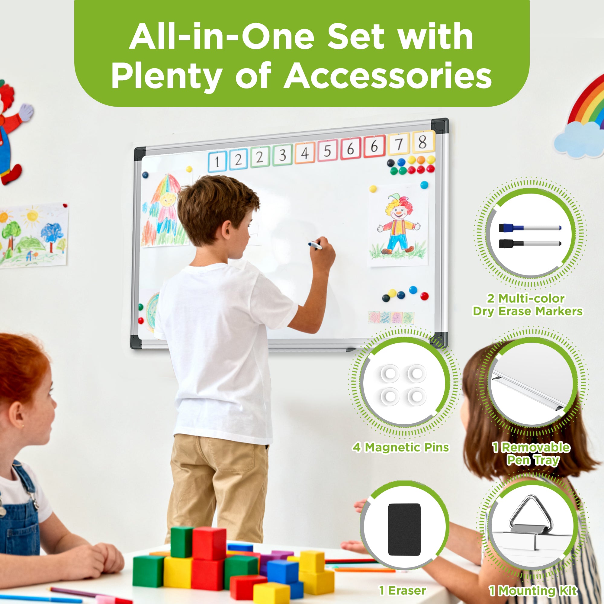 Magnetic White Board 24" x 18" for Wall, Dry Erase Board , Silver Aluminum Frame, 2 Markers, 4 Magnets, Included Eraser, For Home Office, School, Study Room