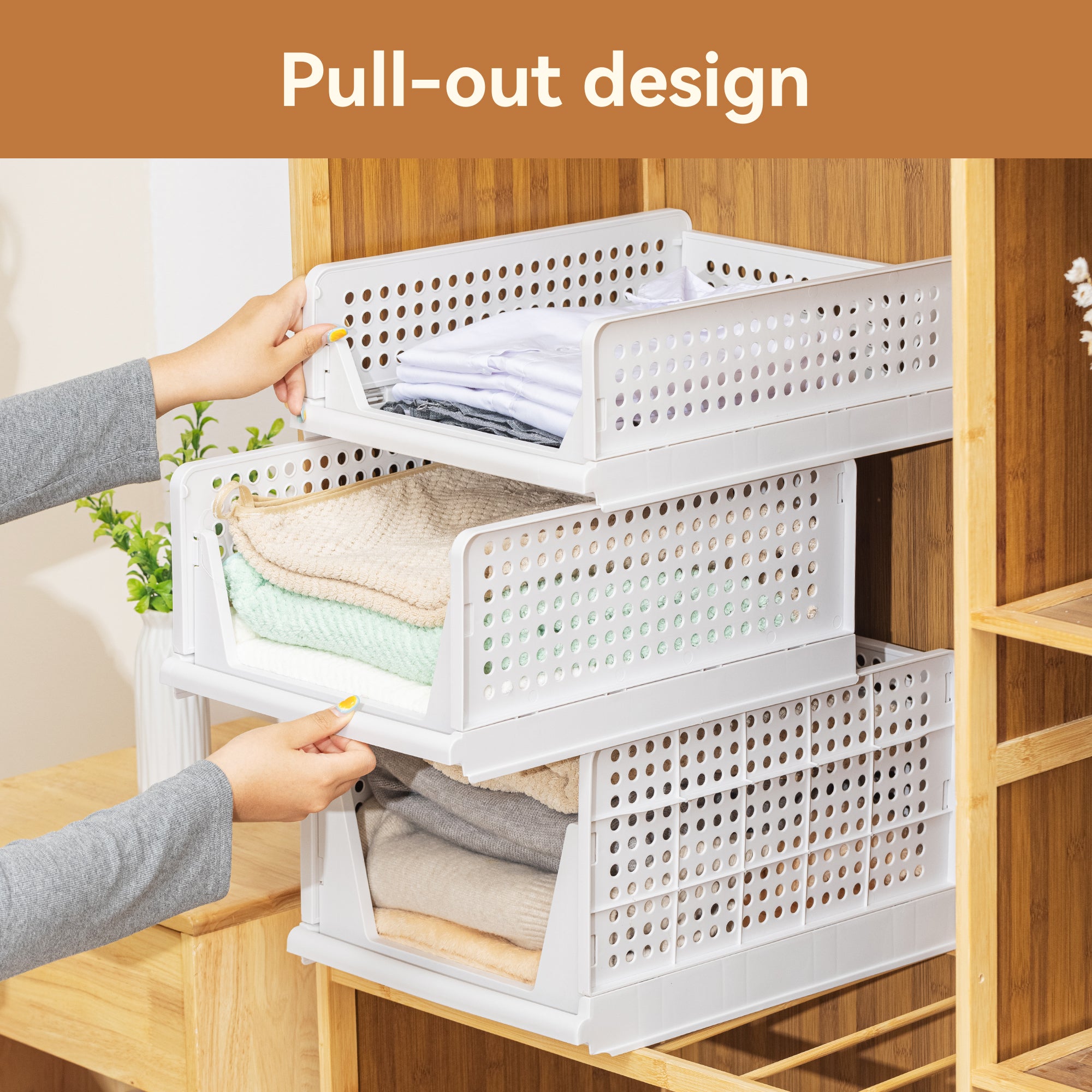 VUSIGN 4 Pack Stackable Closet Storage Basket,  Foldable Closet Organizers and Storage Bins, Wardrobe Clothes Storage, White