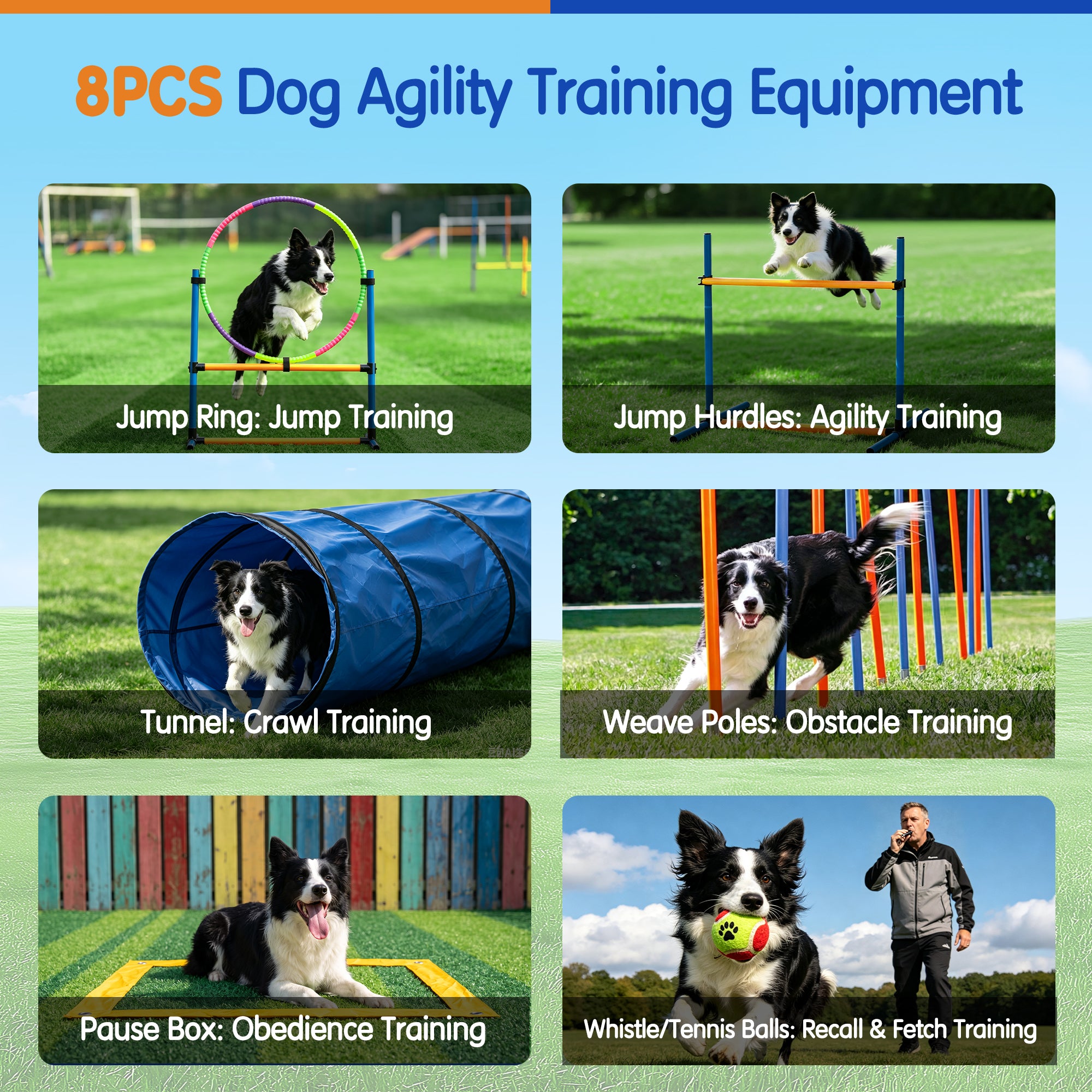 Bembam Dog Agility Training Equipment, 8 Pcs Dog Obstacle Course Training Set with Adjustable High Hurdles, Outdoor Game Kit
