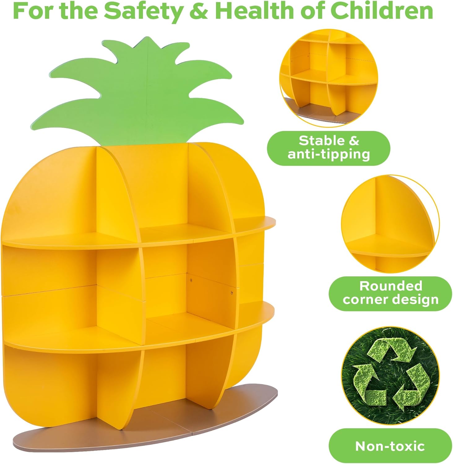 9-Cube Book Shelf and Toy Storage Organizer, Pineapple Shaped Kids Bookcases for Nursery, Playroom, Bedroom, or Classroom