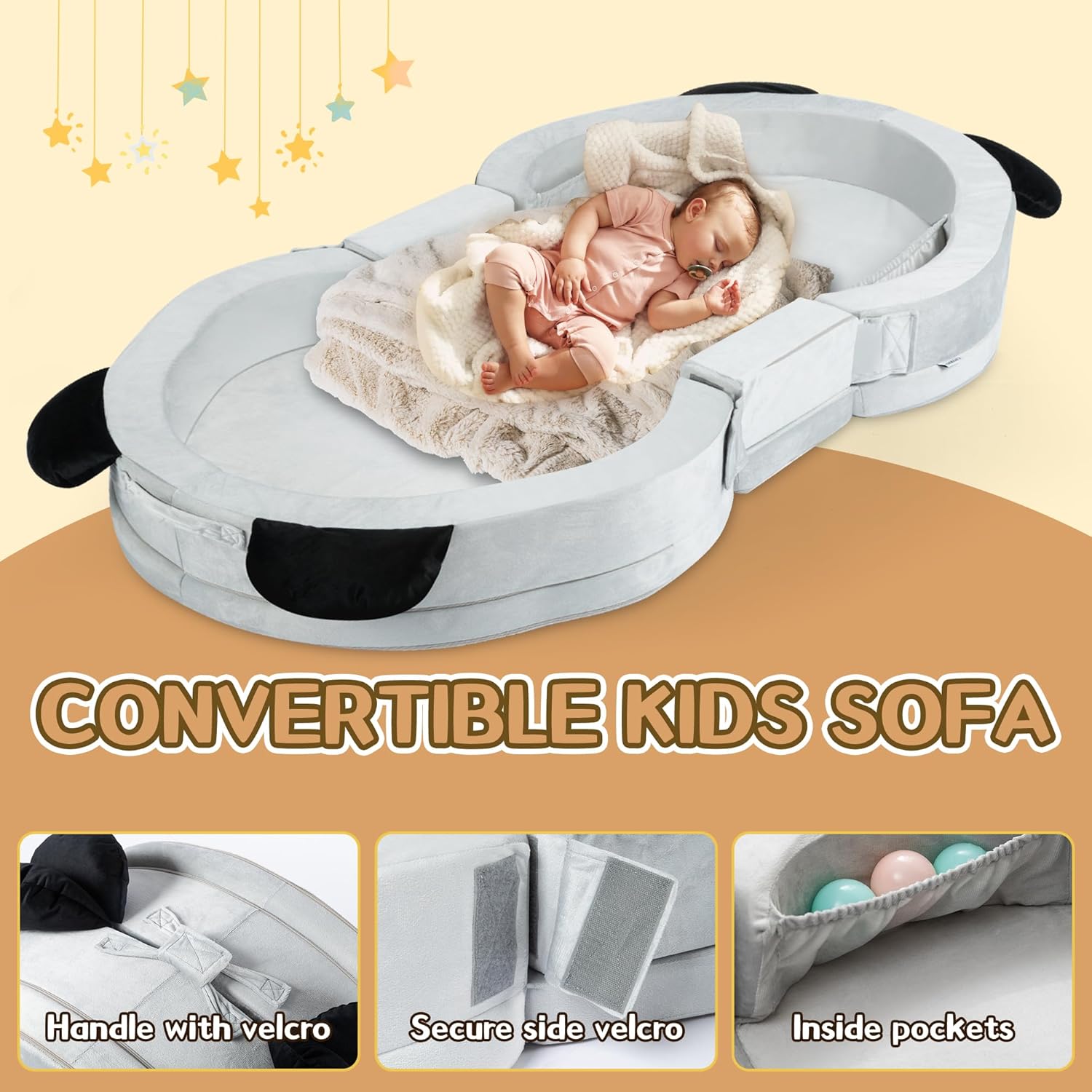 Toddler Travel Bed Panda Style – Foldable & Portable Floor Bed for Kids, Washable Toddler Cot with Safety Rails, Perfect for Children 18M – 5yr Old