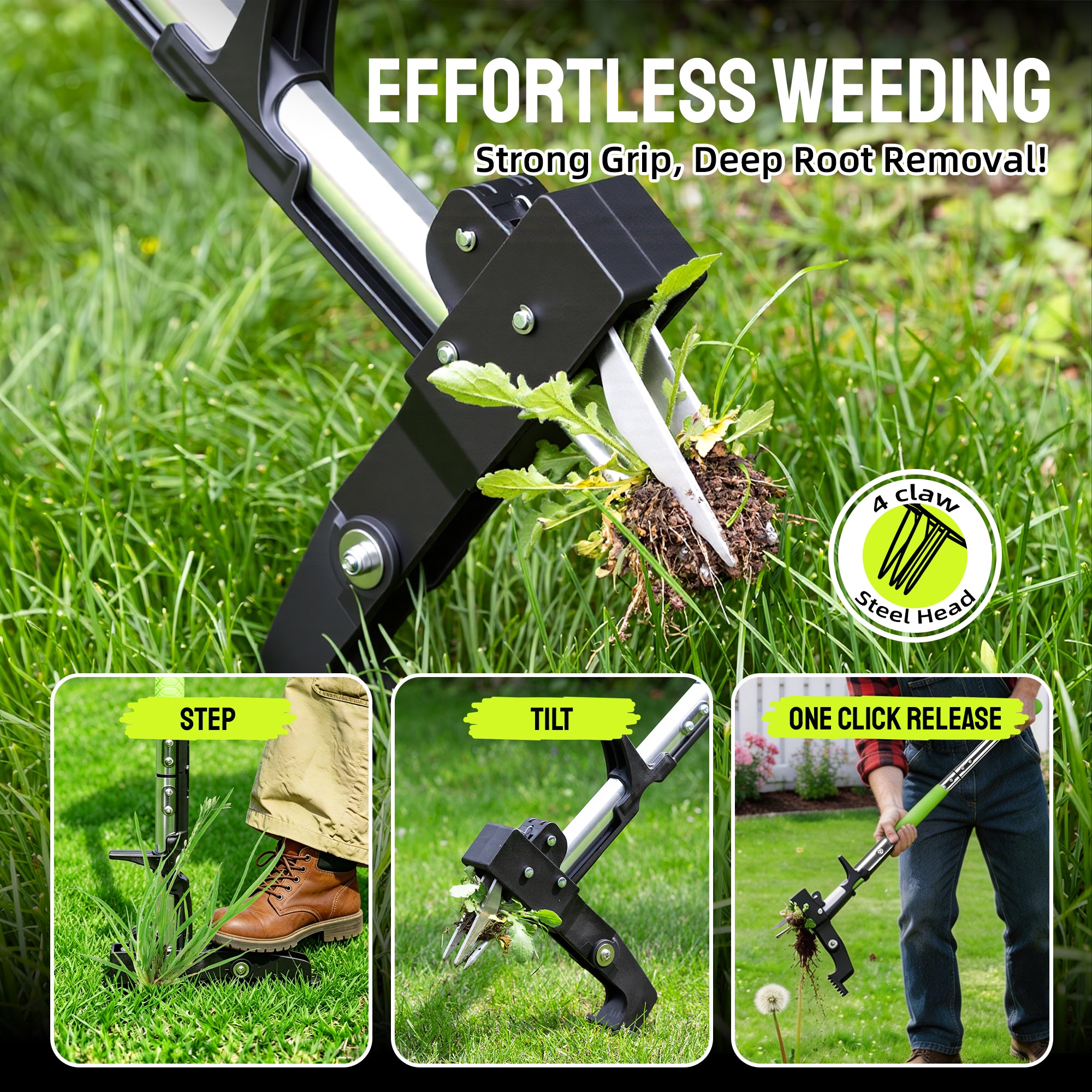 Steelite 4-Claw Stand Up Weed Puller Tool,Heavy Duty Weed Pulling Tool with 39" Long Handle & Quick-Release Ejector Mechanism,Detachable Gardening Hand Weeding Tool,Root Weed Remover Tool for Lawn