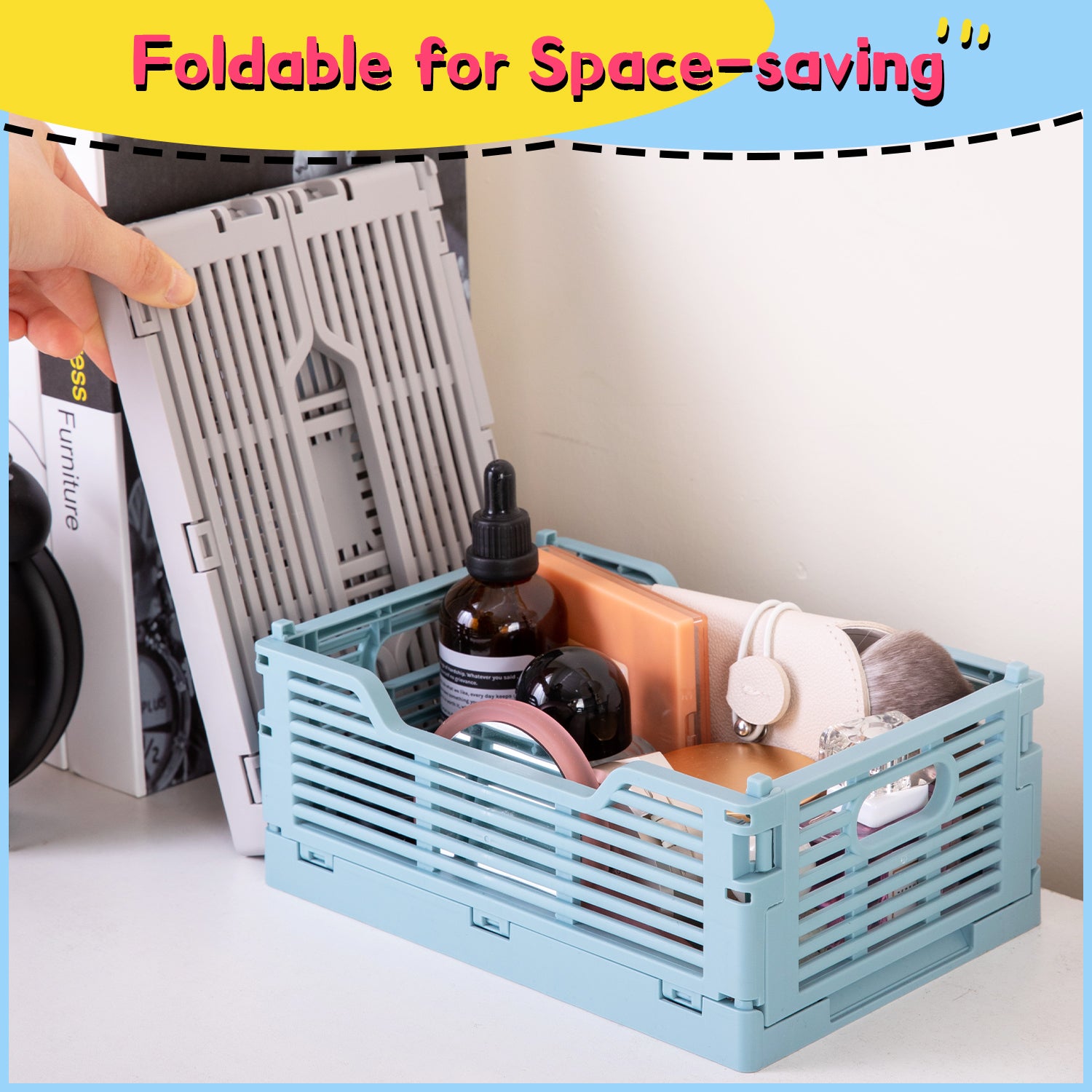 VUSIGN 4-Pack Foldable Storage Bins, Stackable Plastic Storage Crates for Home Office, Folding Storage Basket Containers