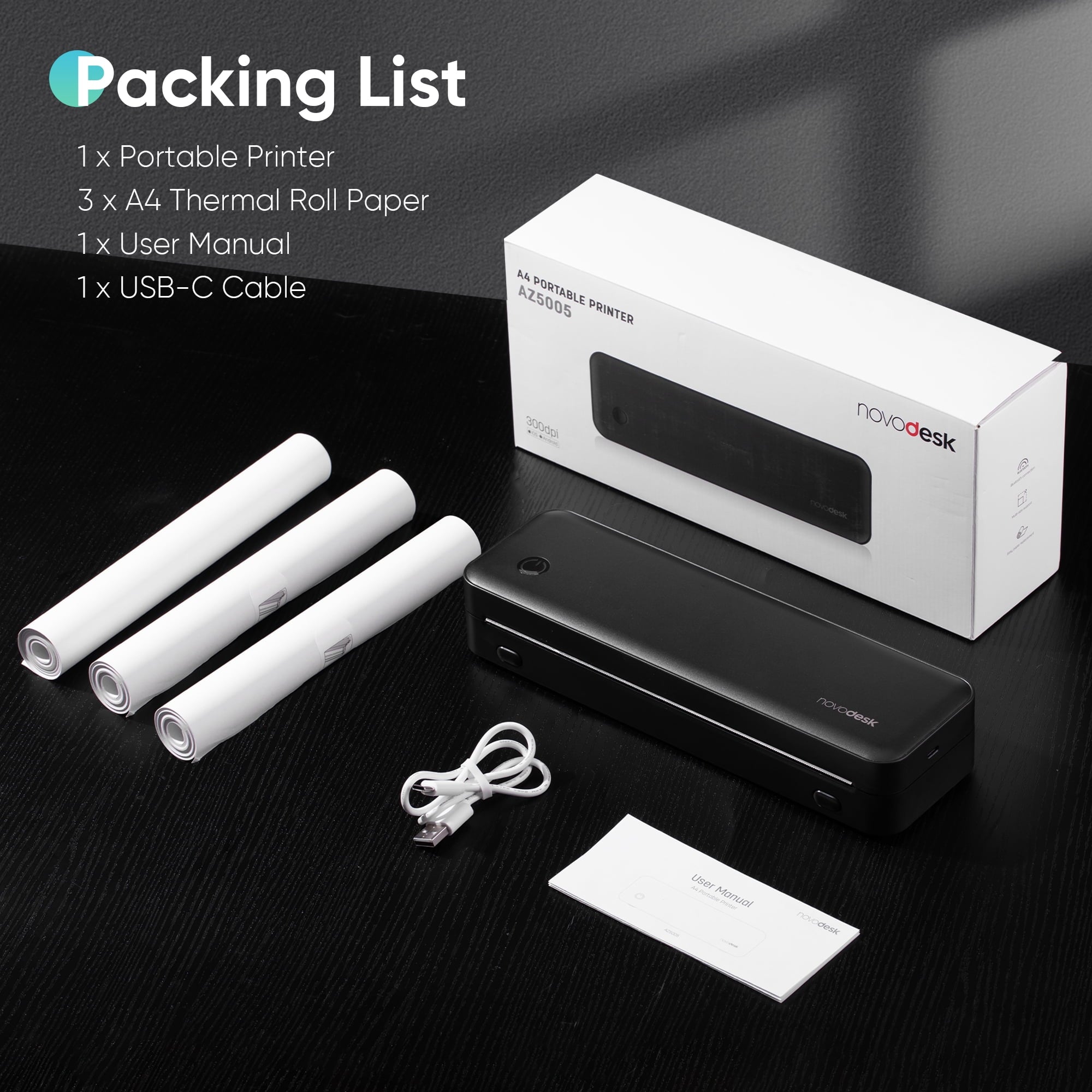 Thermal Printer, 2600mAh Battery, 300 dpi Wireless Printer Support US Letter & A4 for Travel, Inkless Portable Bluetooth & USB Printer, Compatible with IOS Android MacOs Windows
