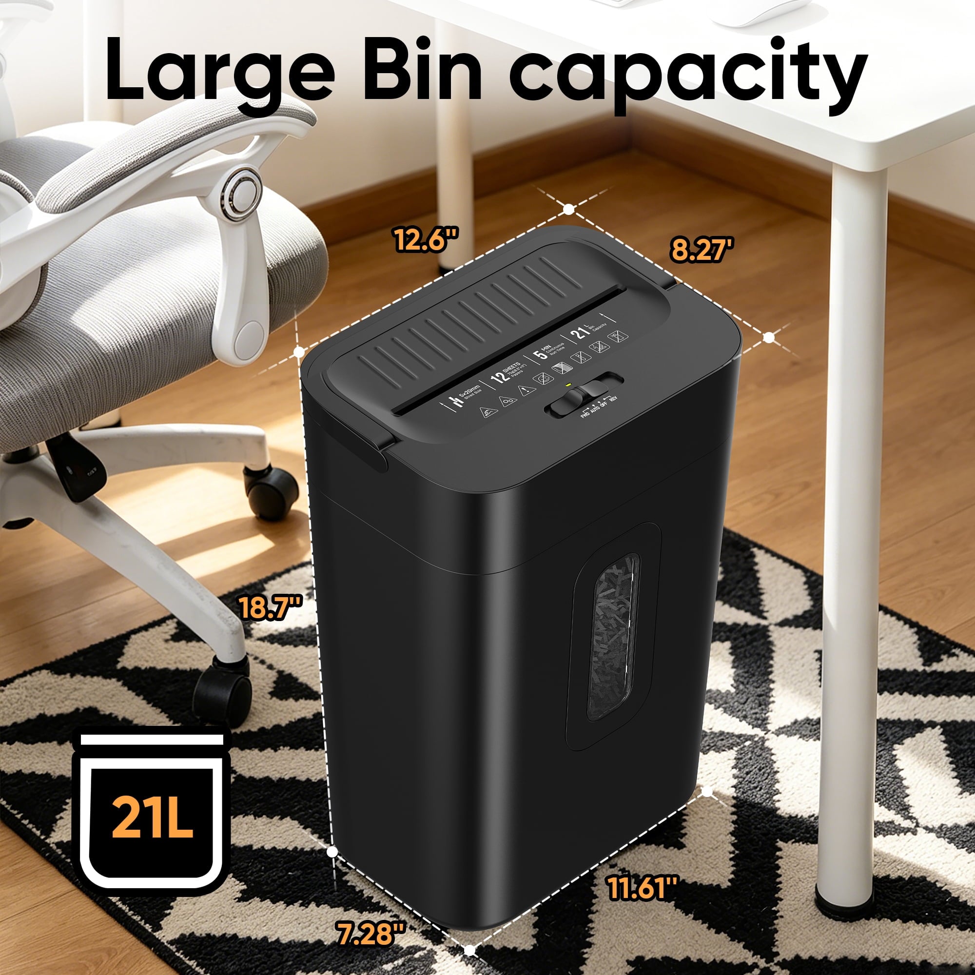 12-Sheet Cross-Cut Paper Shredder, 21L Large Bin with Viewing Window, 5-Min Continuous Run Time, Portable Handle for Home Office Use
