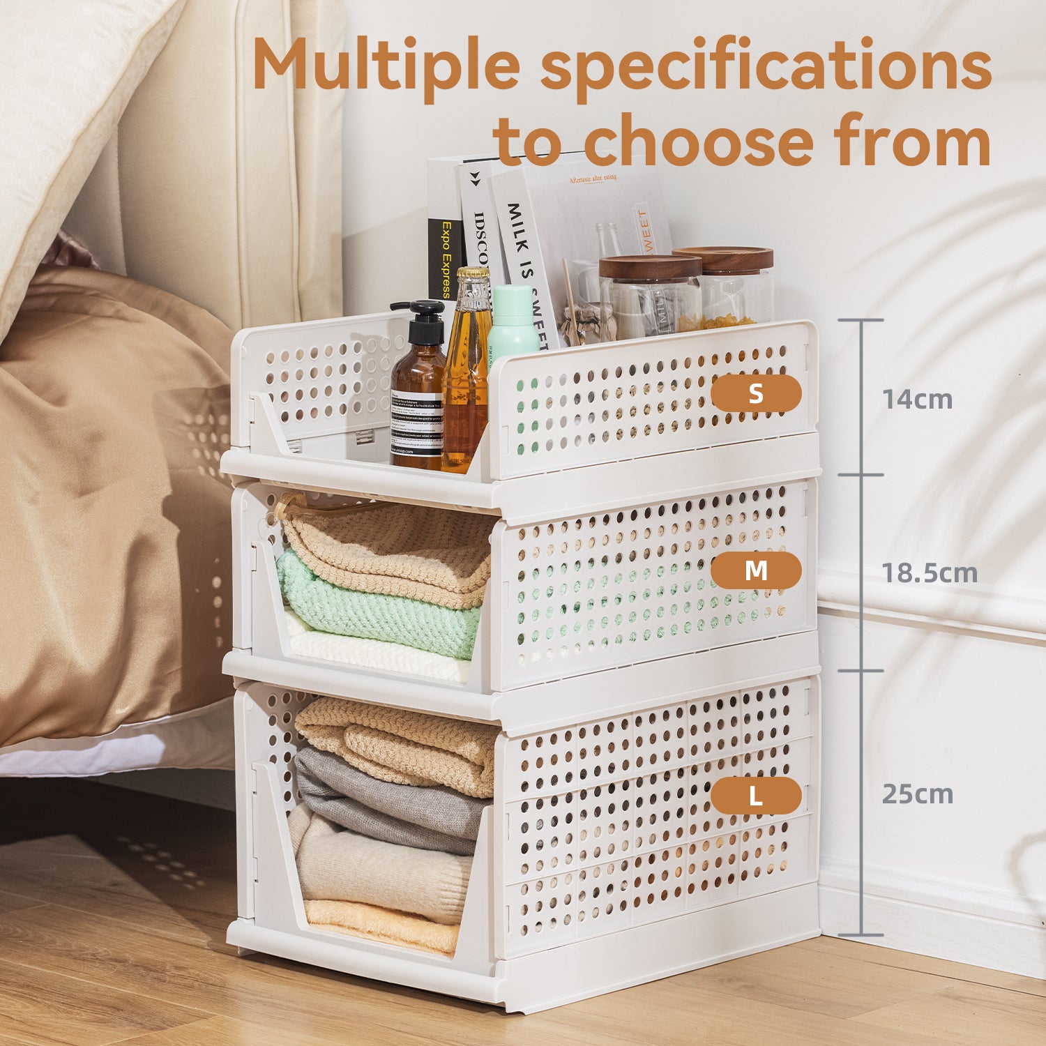 VUSIGN 4 Pack Stackable Closet Storage Basket,  Foldable Closet Organizers and Storage Bins, Wardrobe Clothes Storage, White