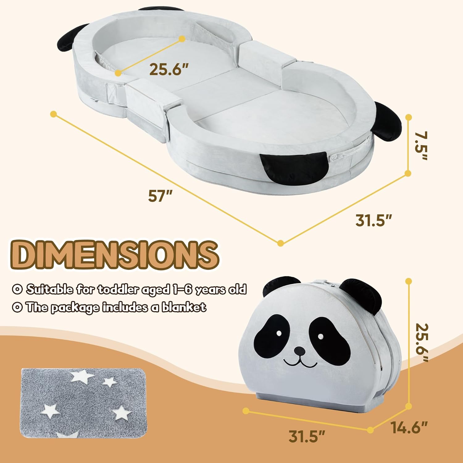 Toddler Travel Bed Panda Style – Foldable & Portable Floor Bed for Kids, Washable Toddler Cot with Safety Rails, Perfect for Children 18M – 5yr Old