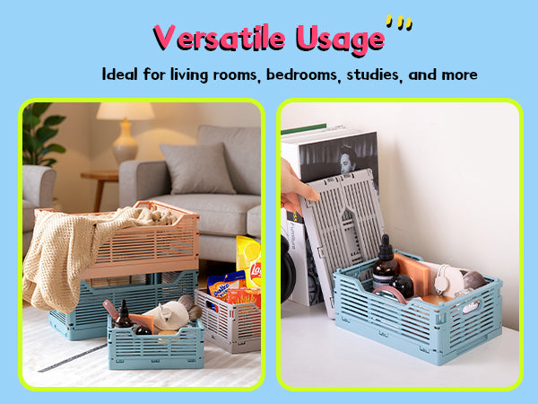 VUSIGN 4-Pack Foldable Storage Bins, Stackable Plastic Storage Crates for Home Office, Folding Storage Basket Containers