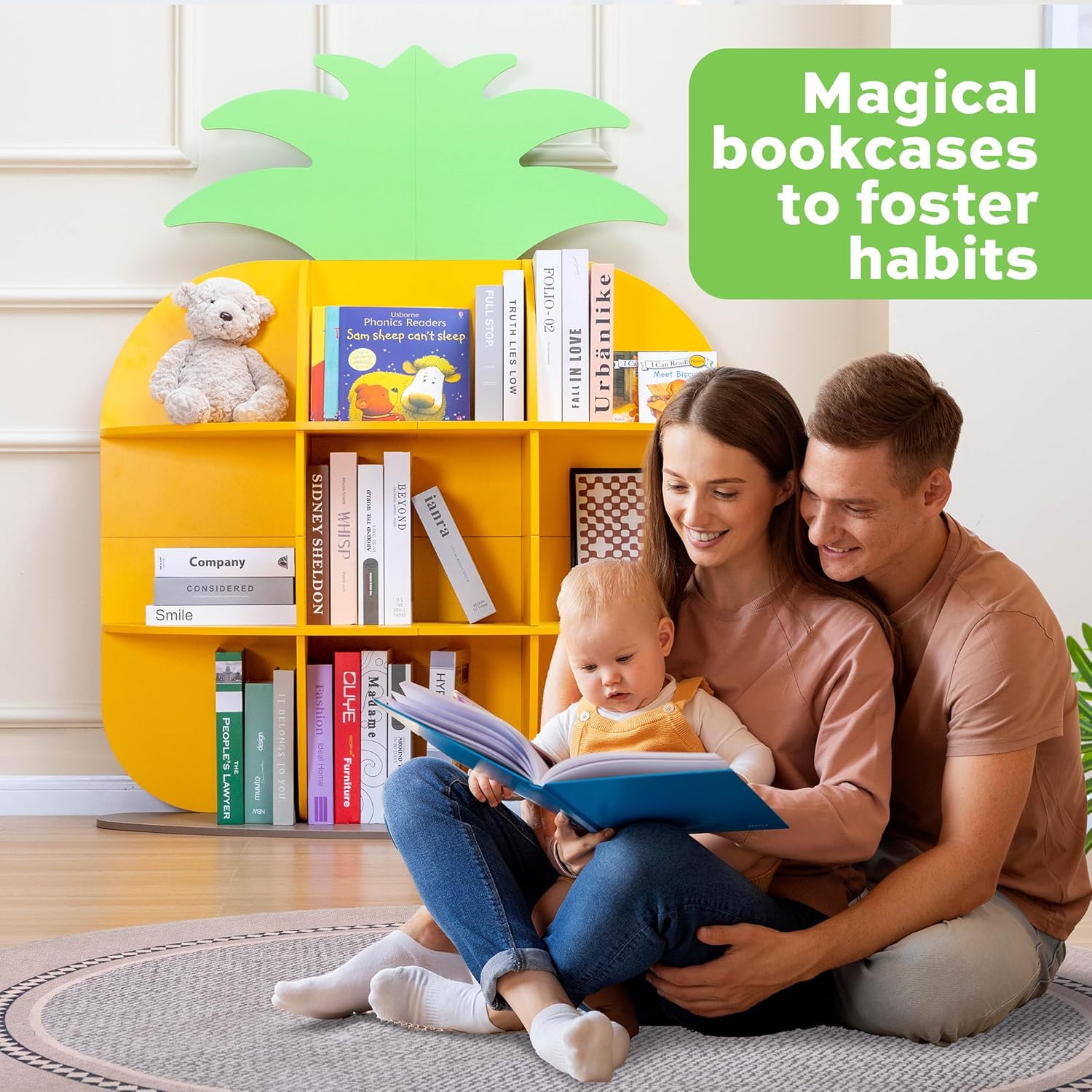 9-Cube Book Shelf and Toy Storage Organizer, Pineapple Shaped Kids Bookcases for Nursery, Playroom, Bedroom, or Classroom