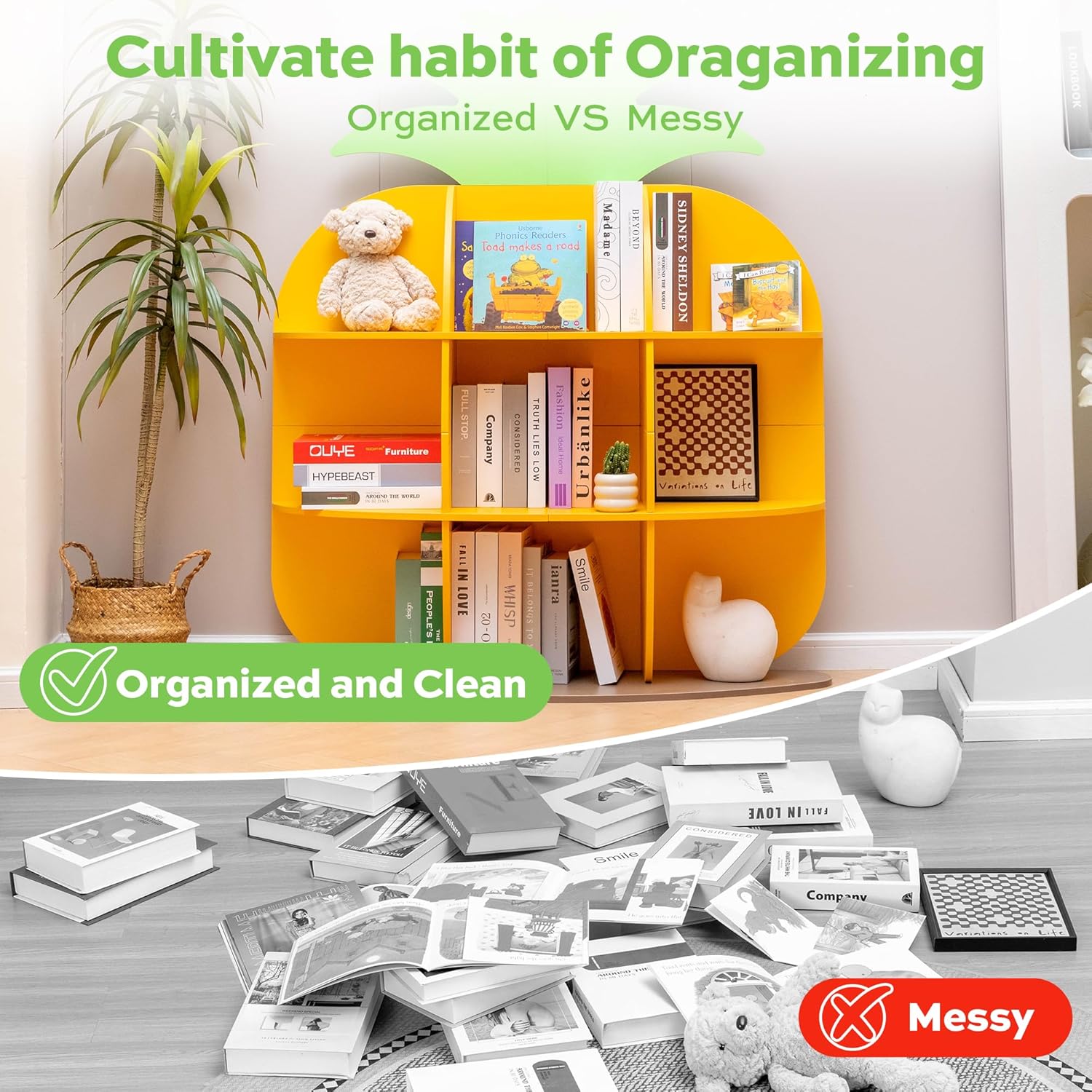 9-Cube Book Shelf and Toy Storage Organizer, Pineapple Shaped Kids Bookcases for Nursery, Playroom, Bedroom, or Classroom