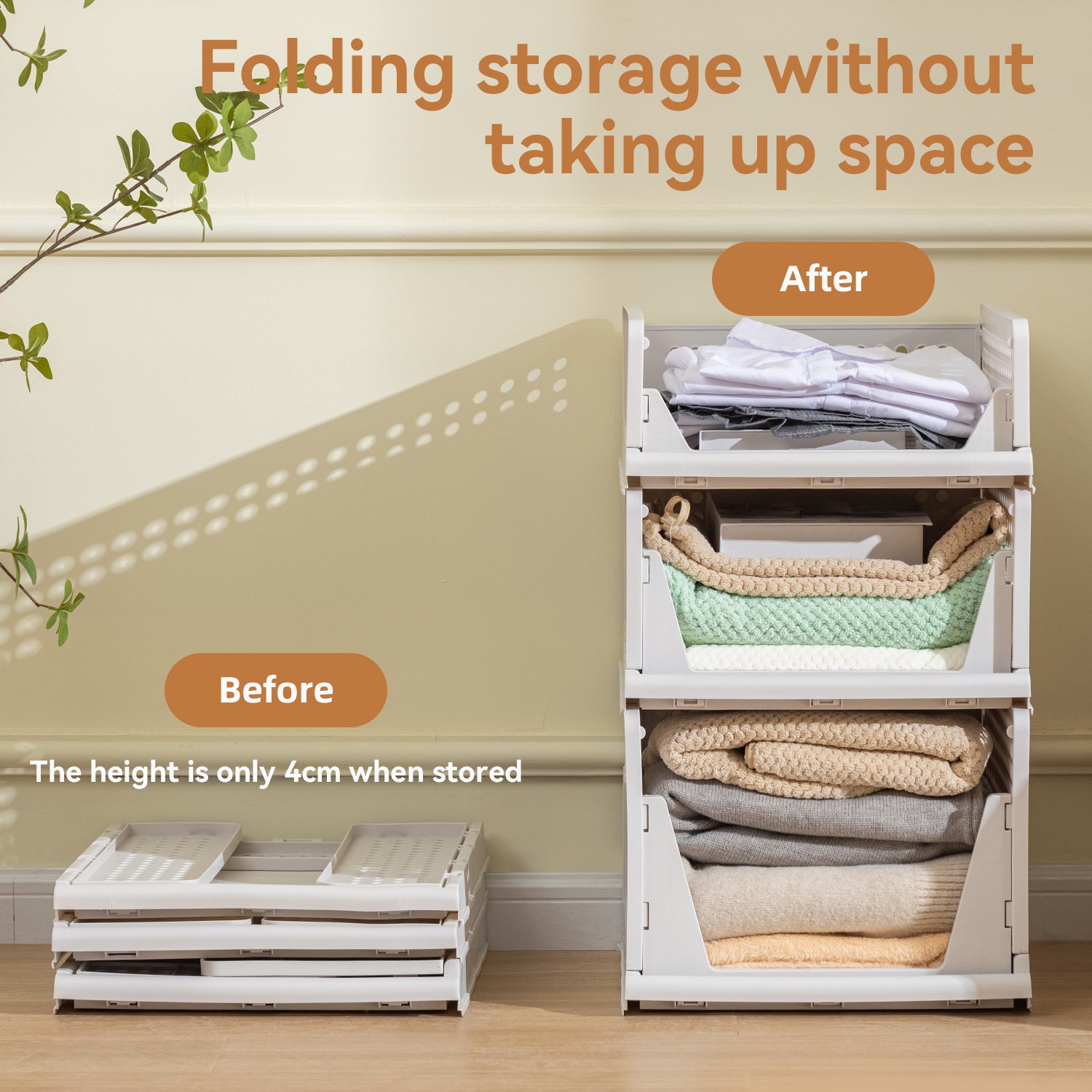 VUSIGN 4 Pack Stackable Closet Storage Basket,  Foldable Closet Organizers and Storage Bins, Wardrobe Clothes Storage, White