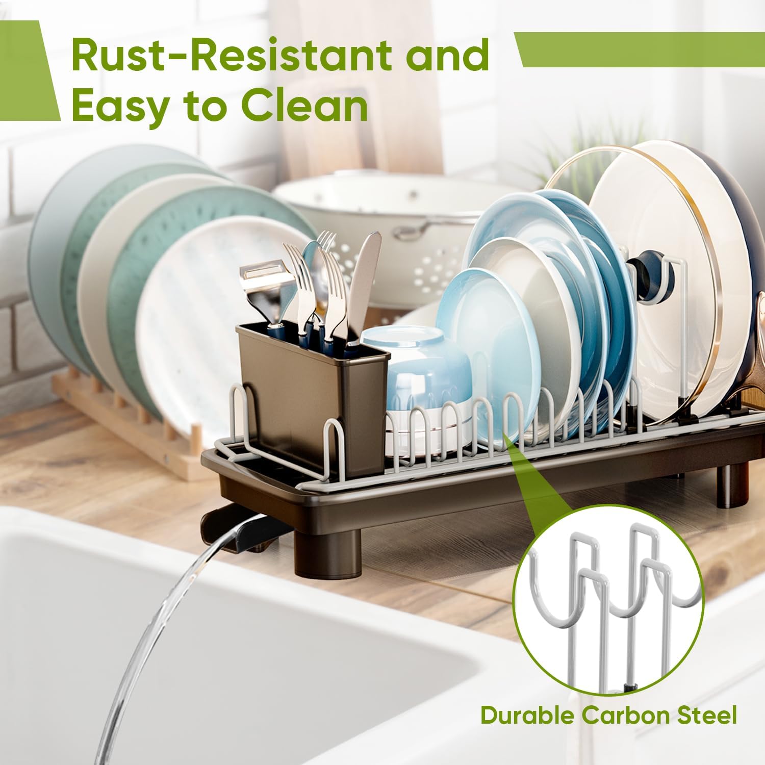 VUSIGN Small Dish Drying Rack with Drain, Compact Dish Rack, Slim Dish Drainers for Kitchen Counter, with Removable Utensil Holder, Space Saving