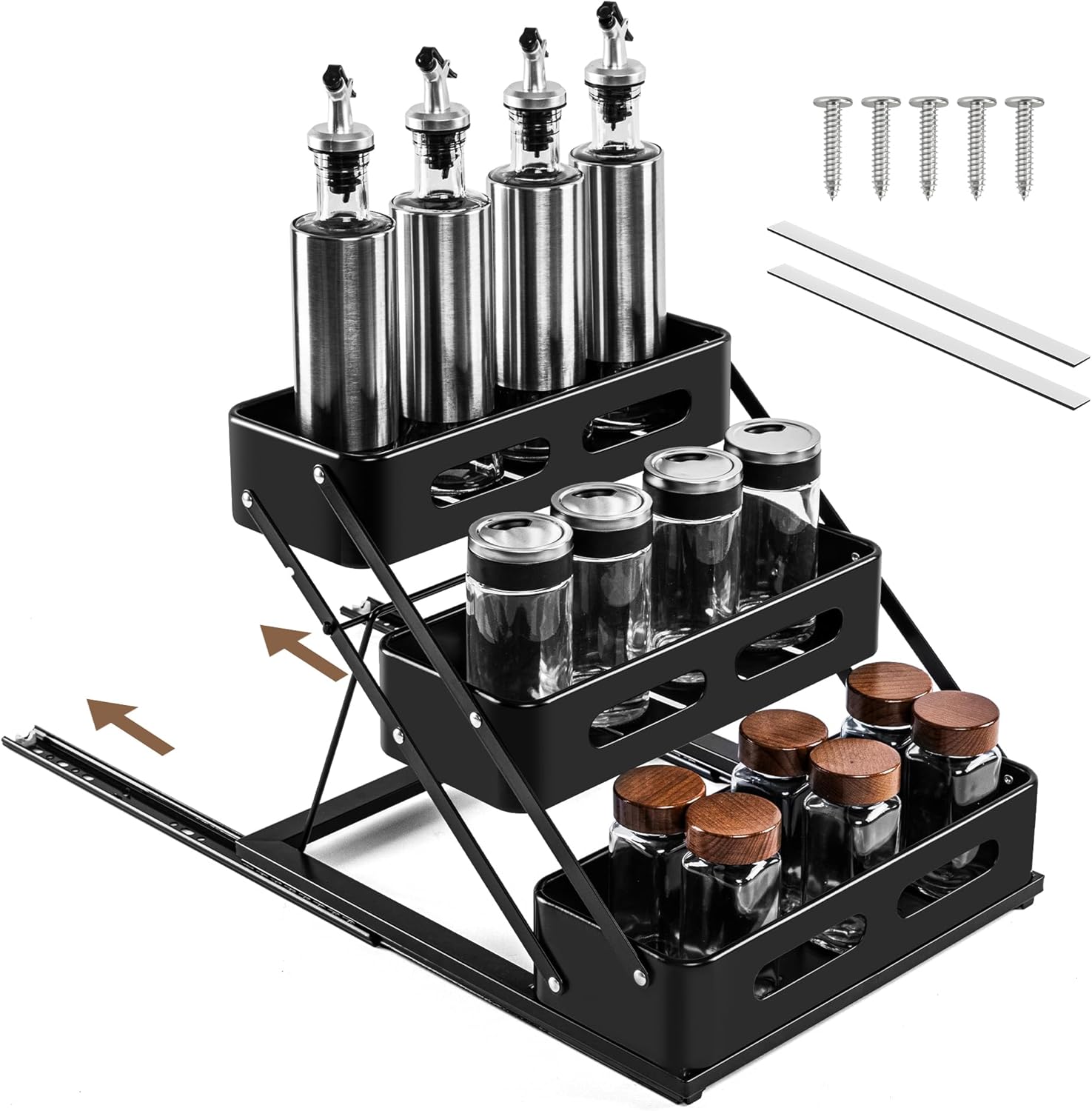 VUSIGN Pull Out Spice Rack Organizer for Pantry, 3 Tier Spice Organizer for Cabinet, Height Adjustable Spice Racks, Seasoning Organizer for Kitchen