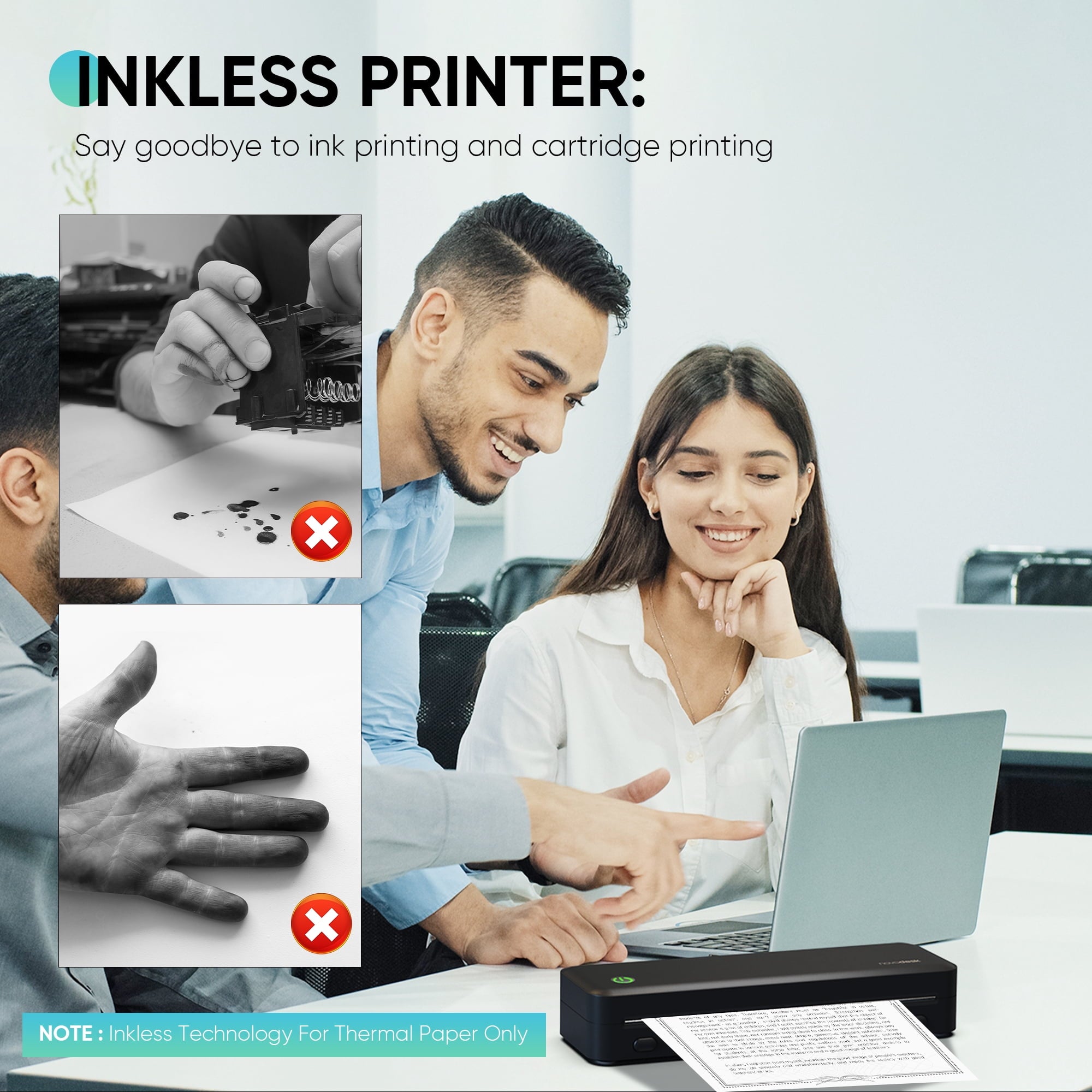 Thermal Printer, 2600mAh Battery, 300 dpi Wireless Printer Support US Letter & A4 for Travel, Inkless Portable Bluetooth & USB Printer, Compatible with IOS Android MacOs Windows