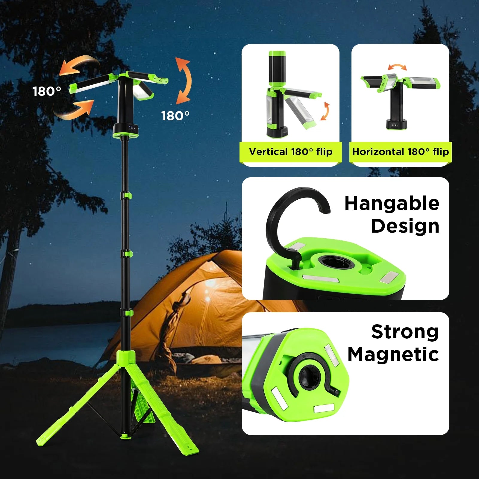 Steelite Rechargeable Camping Light with Stand 74",Portable Cordless LED Work Light with 3 LED Lamp Heads,2700 Lumens Foldable Working Lantern with Detachable Tripod
