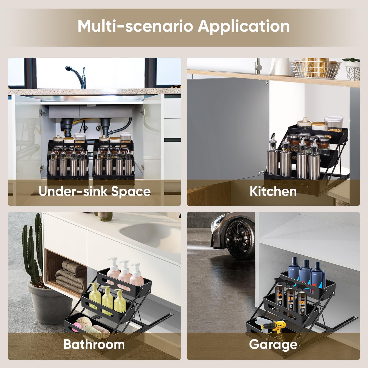 VUSIGN Pull Out Spice Rack Organizer for Pantry, 3 Tier Spice Organizer for Cabinet, Height Adjustable Spice Racks, Seasoning Organizer for Kitchen