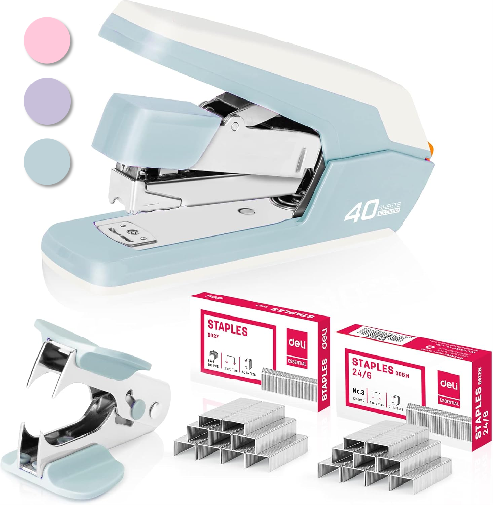 Deli Effortless Desktop Stapler, Heavy Duty Stapler, 40-50 Sheet Capacity, One Finger, No Effort, includes Staples & Staple Remover