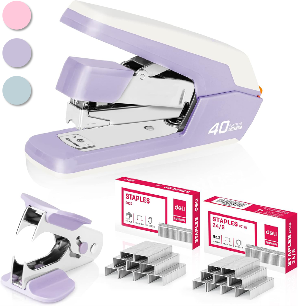 Deli Effortless Desktop Stapler, Heavy Duty Stapler, 40-50 Sheet Capacity, One Finger, No Effort, includes Staples & Staple Remover