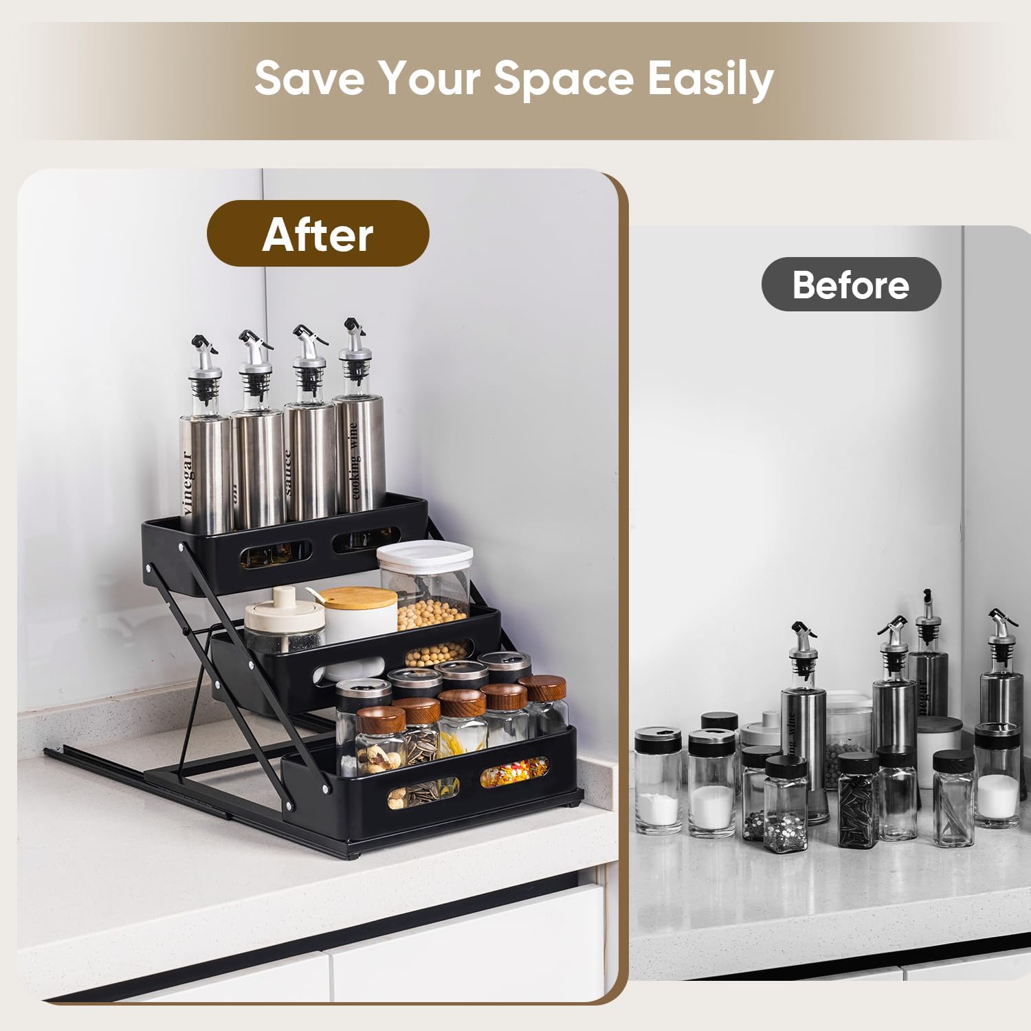 VUSIGN Pull Out Spice Rack Organizer for Pantry, 3 Tier Spice Organizer for Cabinet, Height Adjustable Spice Racks, Seasoning Organizer for Kitchen