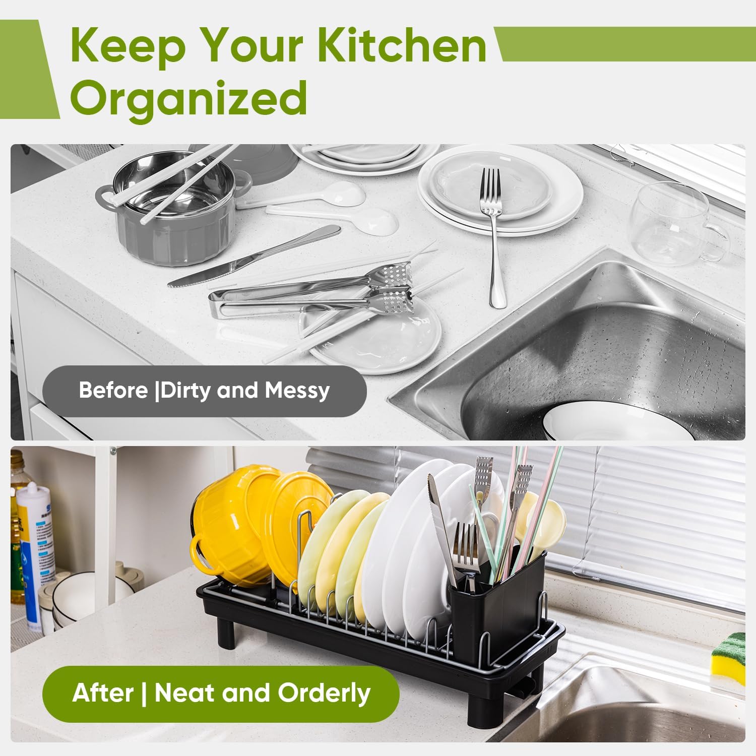 VUSIGN Small Dish Drying Rack with Drain, Compact Dish Rack, Slim Dish Drainers for Kitchen Counter, with Removable Utensil Holder, Space Saving