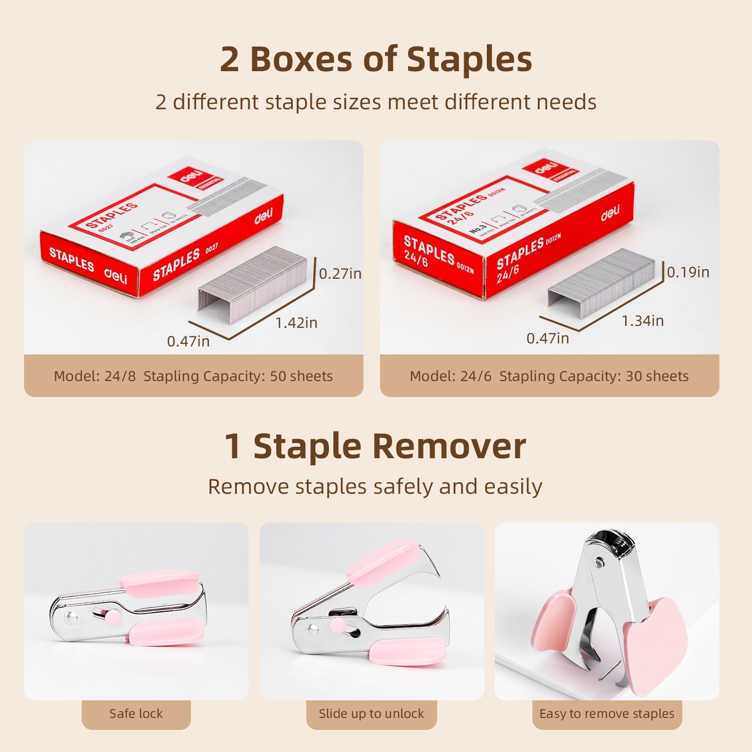 Deli Effortless Desktop Stapler, Heavy Duty Stapler, 40-50 Sheet Capacity, One Finger, No Effort, includes Staples & Staple Remover, Pink