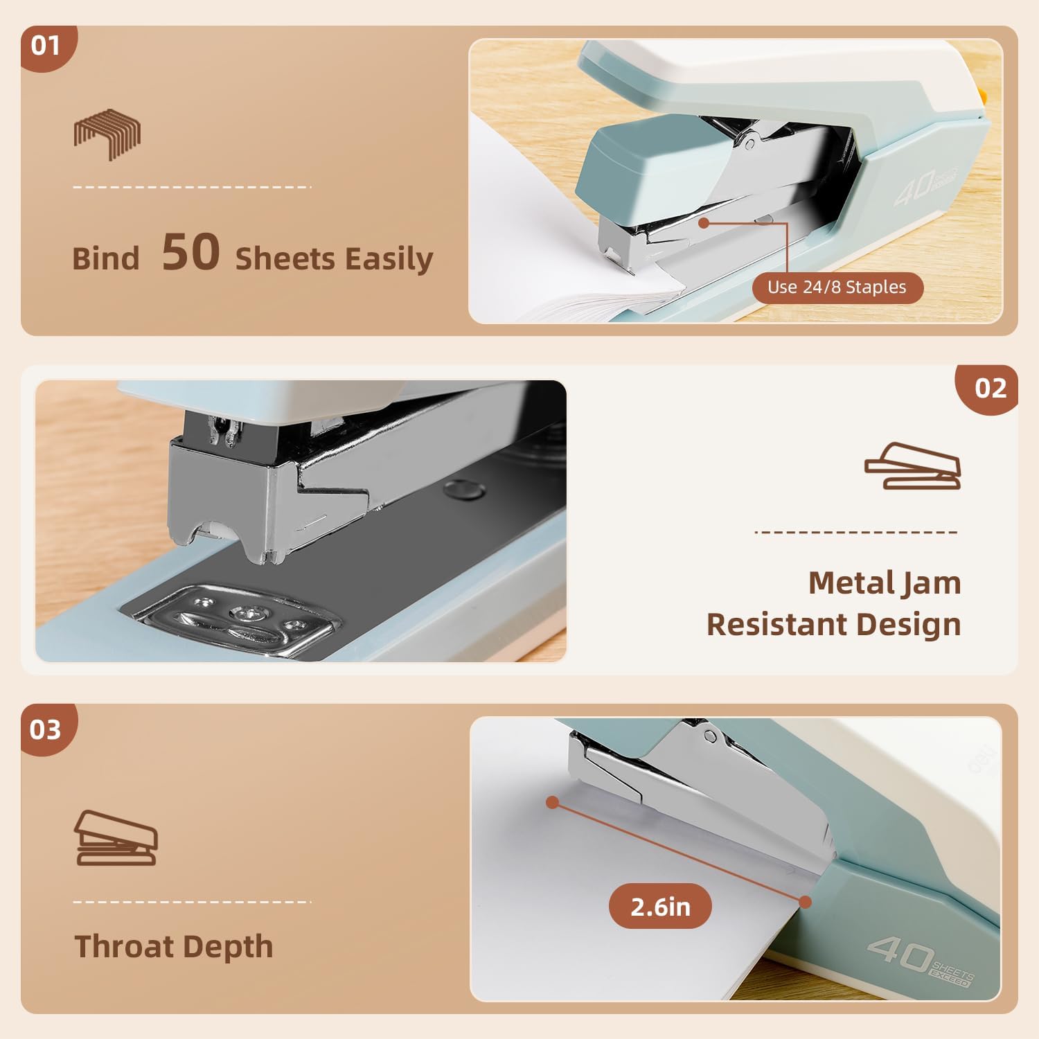 Deli Effortless Desktop Stapler, Heavy Duty Stapler, 40-50 Sheet Capacity, One Finger, No Effort, includes Staples & Staple Remover, Blue
