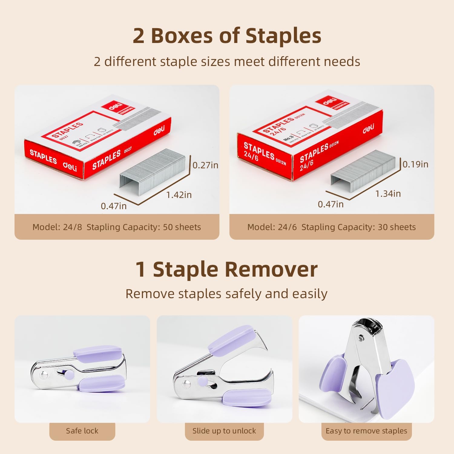 Deli Effortless Desktop Stapler, Heavy Duty Stapler, 40-50 Sheet Capacity, One Finger, No Effort, includes Staples & Staple Remover, Violet