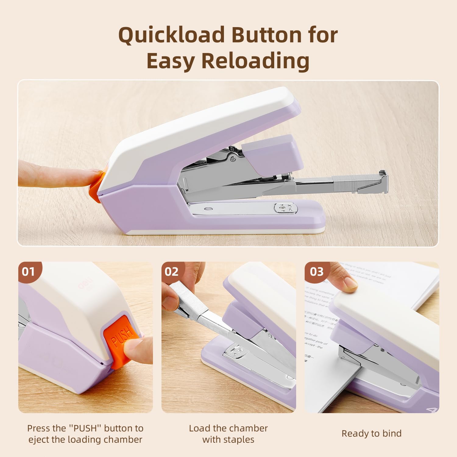 Deli Effortless Desktop Stapler, Heavy Duty Stapler, 40-50 Sheet Capacity, One Finger, No Effort, includes Staples & Staple Remover, Violet