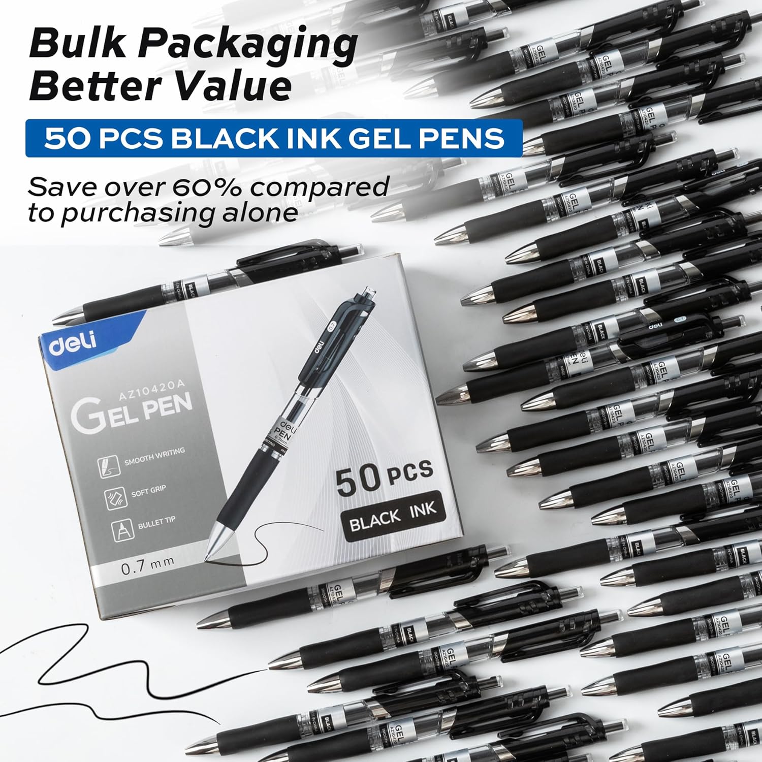 deli Gel Pens, 50 Pcs Retractable Pens Black Ink, Medium Point Pen 0.7mm, Smooth Writing, Fast Dry, No Bleed for Journaling Note Taking, Home School Office Supplies