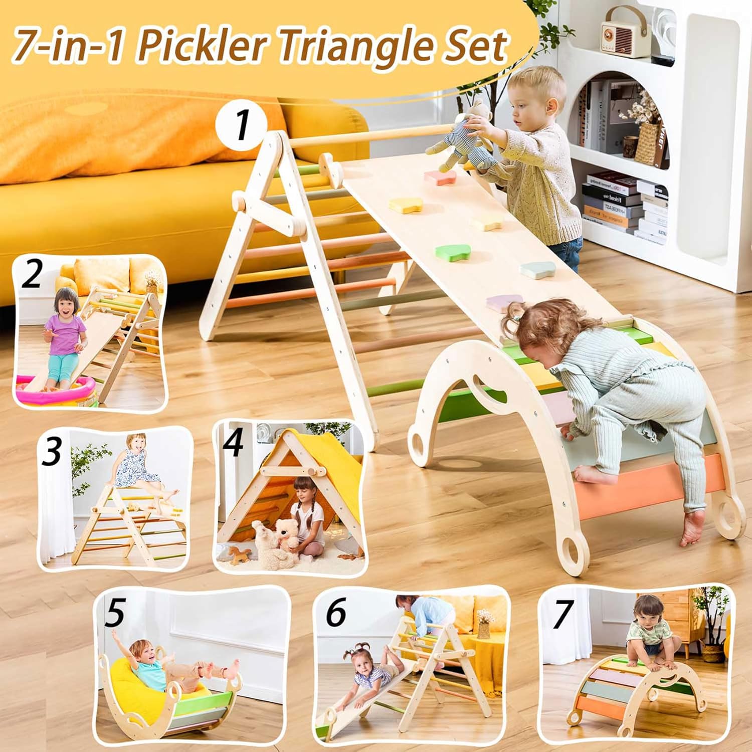 deli 7 in 1 Pikler Triangle Set, Large Size Toddler Climbing Triangle Set, Wooden Baby Jungle Gym Indoor, Foldable Montessori Climbing Set with Ramp, Arch & Climbing Triangle