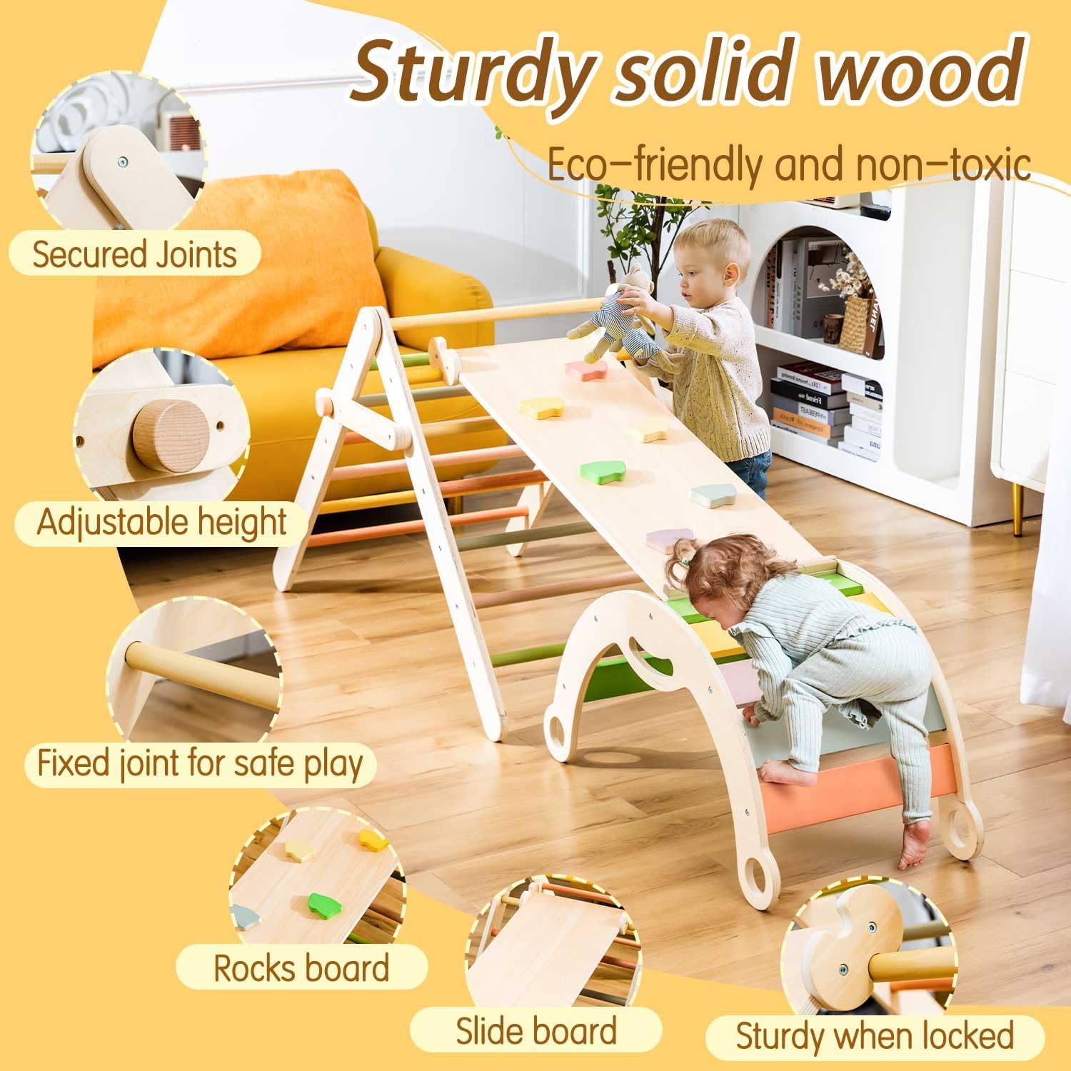 deli 7 in 1 Pikler Triangle Set, Large Size Toddler Climbing Triangle Set, Wooden Baby Jungle Gym Indoor, Foldable Montessori Climbing Set with Ramp, Arch & Climbing Triangle