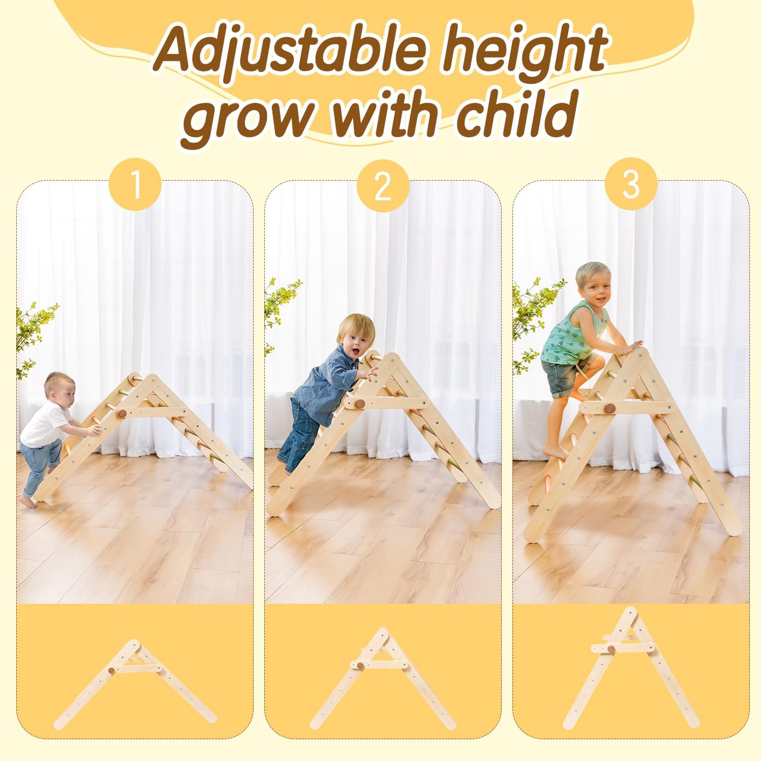 deli 7 in 1 Pikler Triangle Set, Large Size Toddler Climbing Triangle Set, Wooden Baby Jungle Gym Indoor, Foldable Montessori Climbing Set with Ramp, Arch & Climbing Triangle