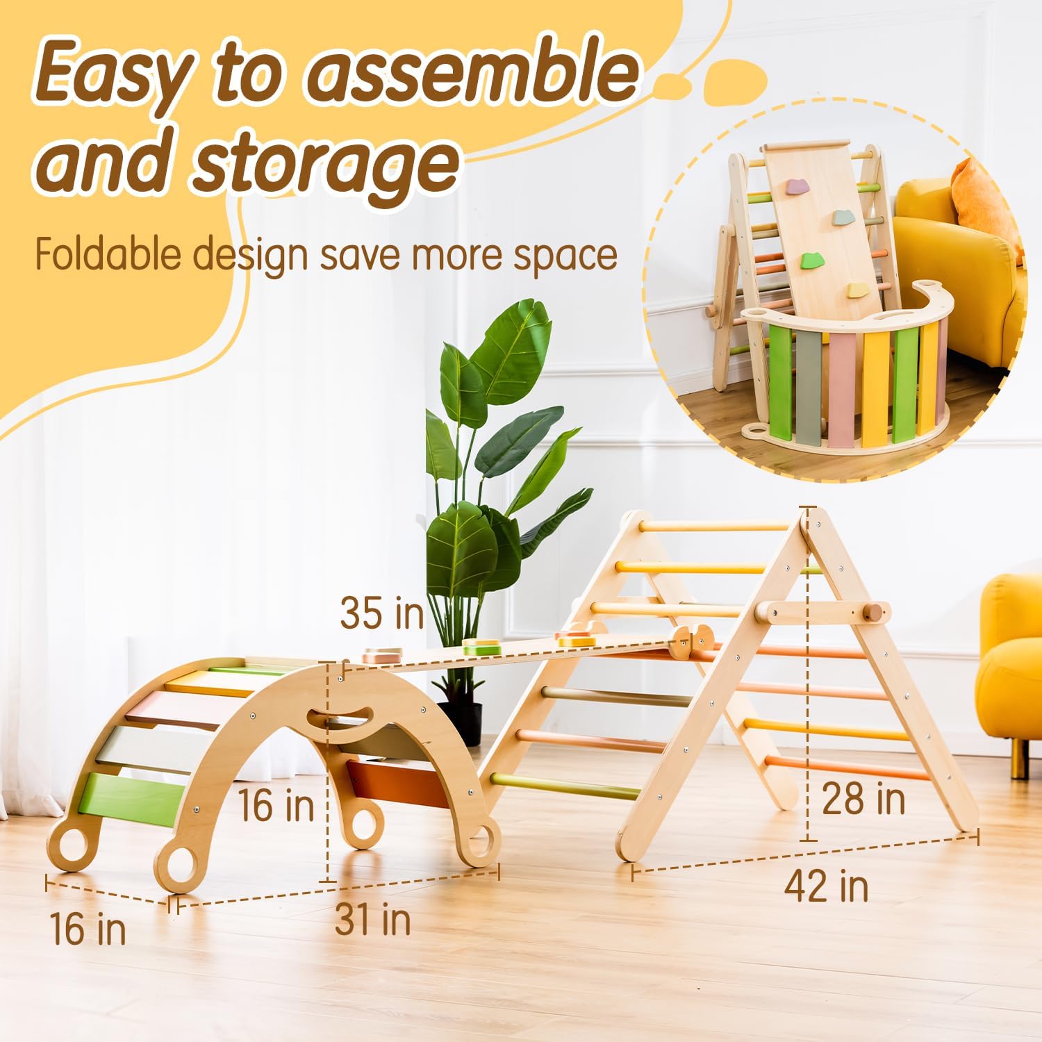 deli 7 in 1 Pikler Triangle Set, Large Size Toddler Climbing Triangle Set, Wooden Baby Jungle Gym Indoor, Foldable Montessori Climbing Set with Ramp, Arch & Climbing Triangle
