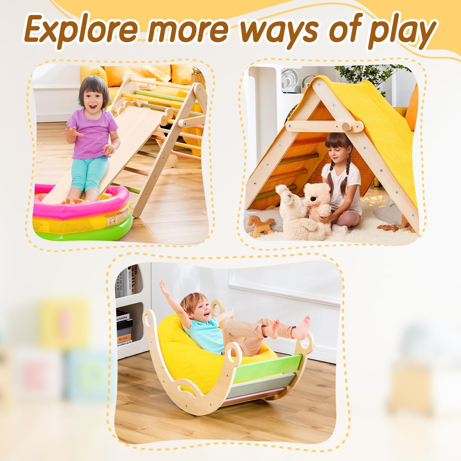 deli 7 in 1 Pikler Triangle Set, Large Size Toddler Climbing Triangle Set, Wooden Baby Jungle Gym Indoor, Foldable Montessori Climbing Set with Ramp, Arch & Climbing Triangle