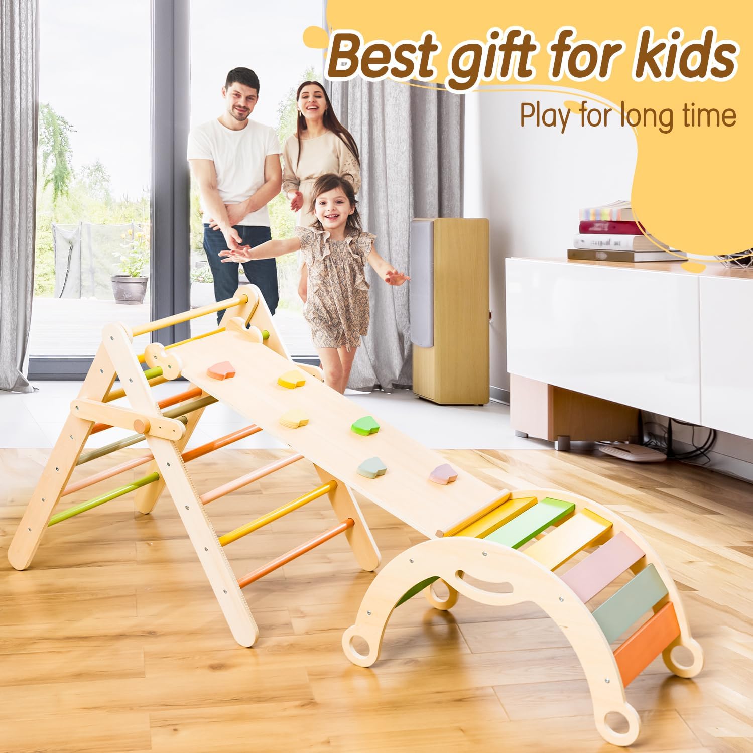 deli 7 in 1 Pikler Triangle Set, Large Size Toddler Climbing Triangle Set, Wooden Baby Jungle Gym Indoor, Foldable Montessori Climbing Set with Ramp, Arch & Climbing Triangle