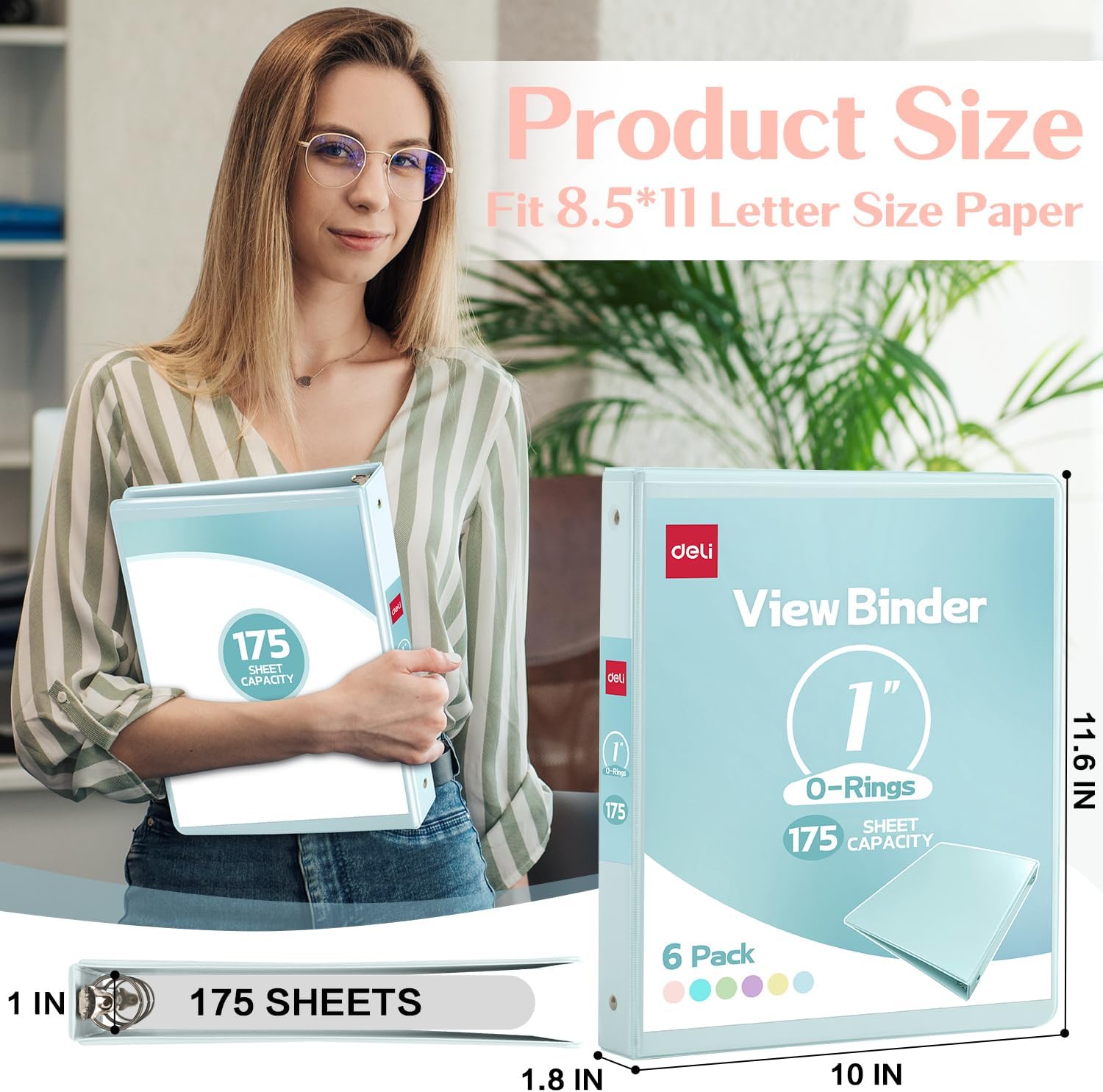 Deli 1-inch 3 Ring Binder with 2 Interior Pockets, 175 Sheets Capacity, 1 inch Binders fits 11" x 8.5" US Letter Size, Assorted 6 Pastel Colors, 6 Pack