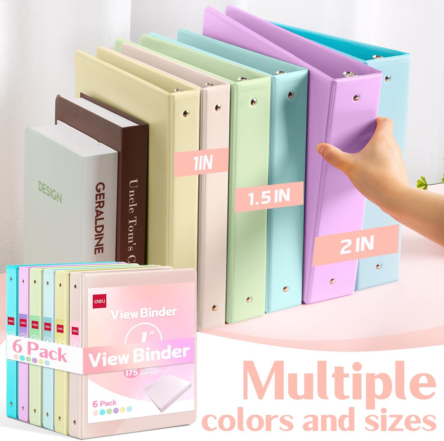 Deli 1-inch 3 Ring Binder with 2 Interior Pockets, 175 Sheets Capacity, 1 inch Binders fits 11" x 8.5" US Letter Size, Assorted 6 Pastel Colors, 6 Pack