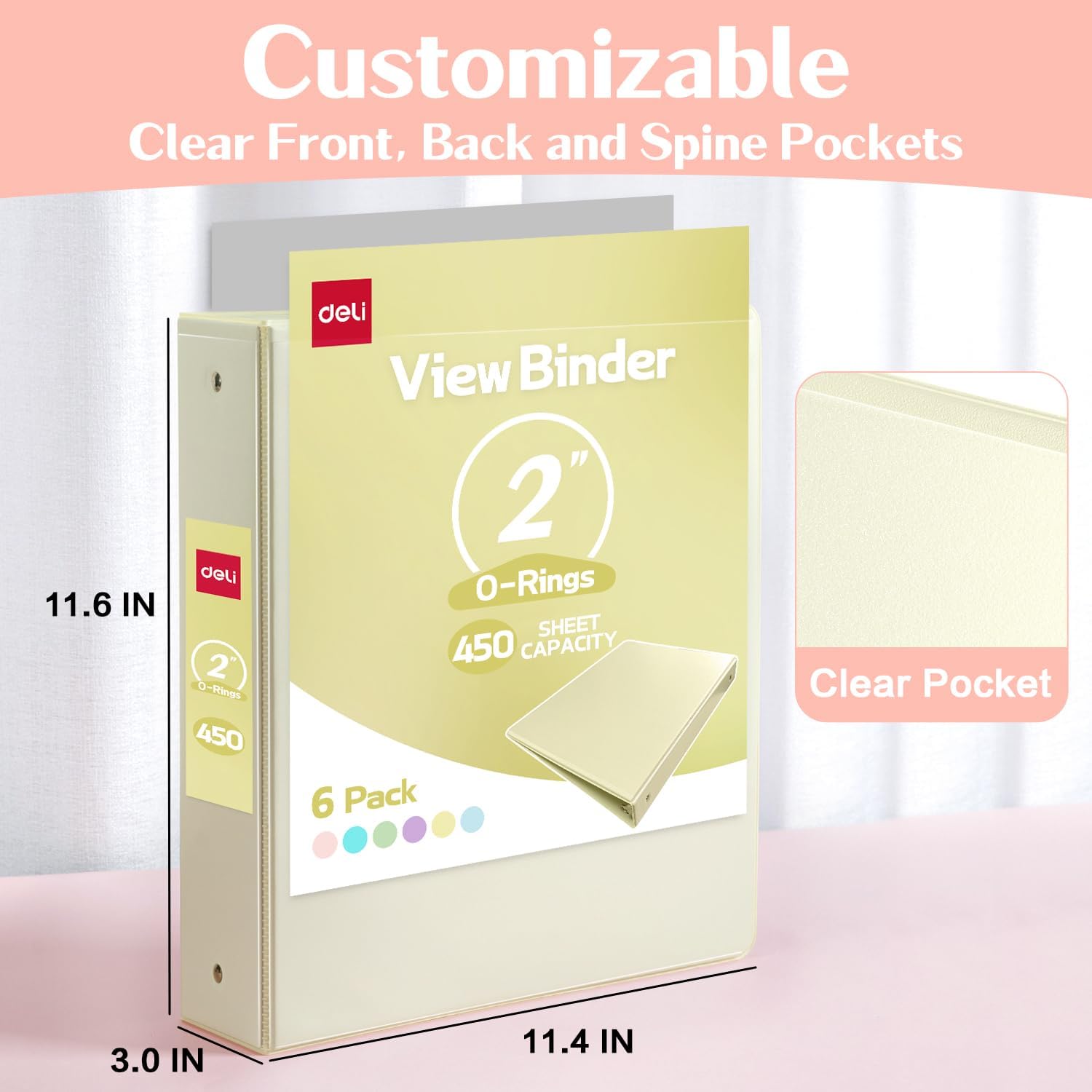 Deli 2-inch 3 Ring Binder with 2 Interior Pockets, 450 Sheets Capacity, 2 inch Binders fits 11" x 8.5" US Letter Size, Assorted 6 Pastel Colors, 6 Pack