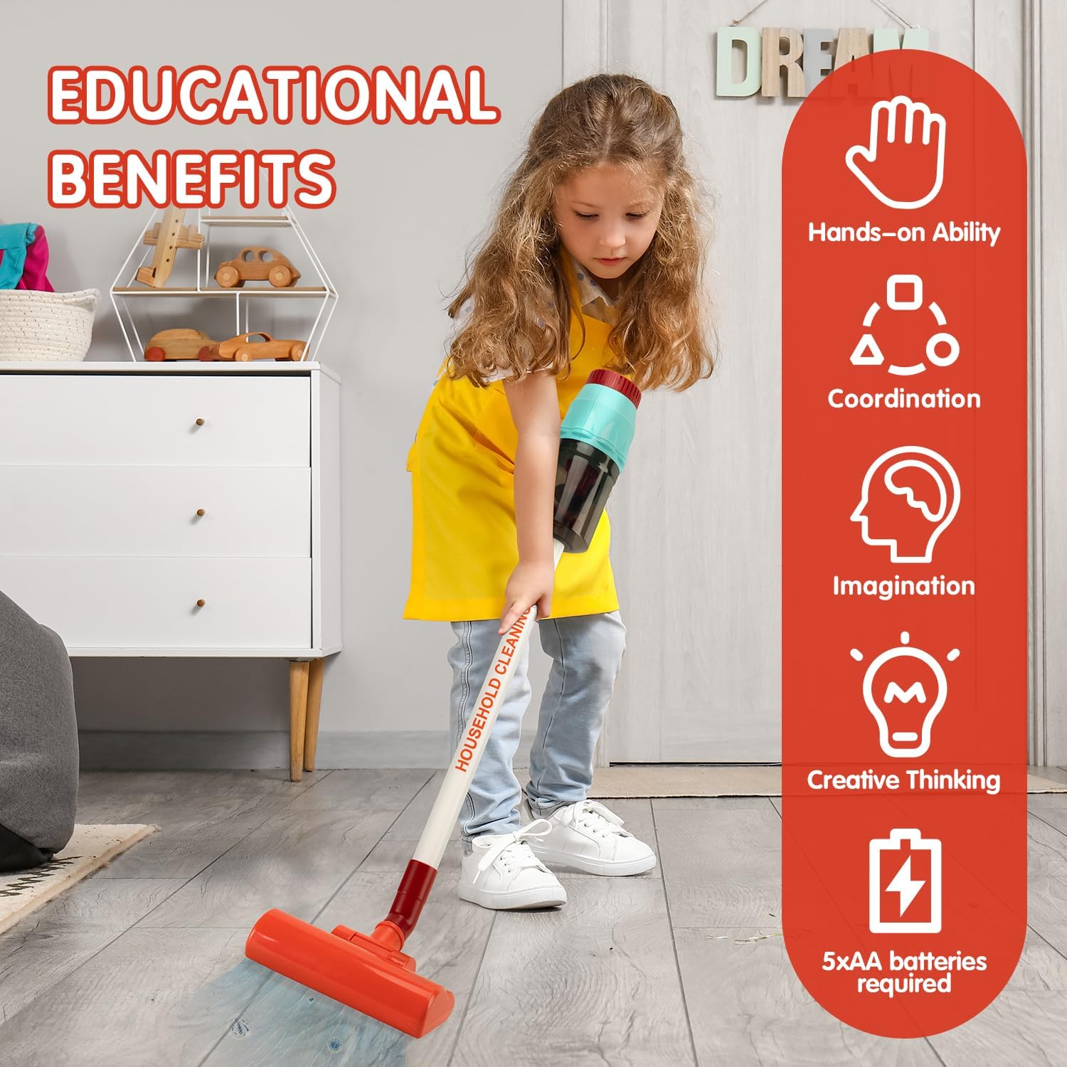 Kids Vacuum Cleaning Toy Set, Kids Vacuum That Really Works with Real Suction Light & Sounds Effects, Durable Toy Vacuum Toddler Cleaning Set as Gifts for Children Age 3+