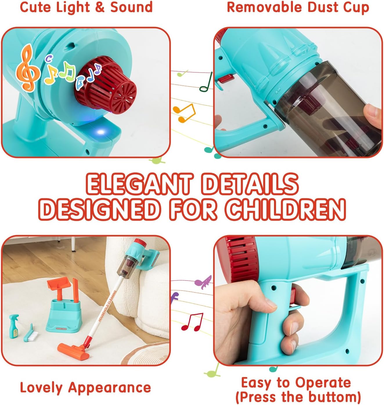 Kids Vacuum Cleaning Toy Set, Kids Vacuum That Really Works with Real Suction Light & Sounds Effects, Durable Toy Vacuum Toddler Cleaning Set as Gifts for Children Age 3+