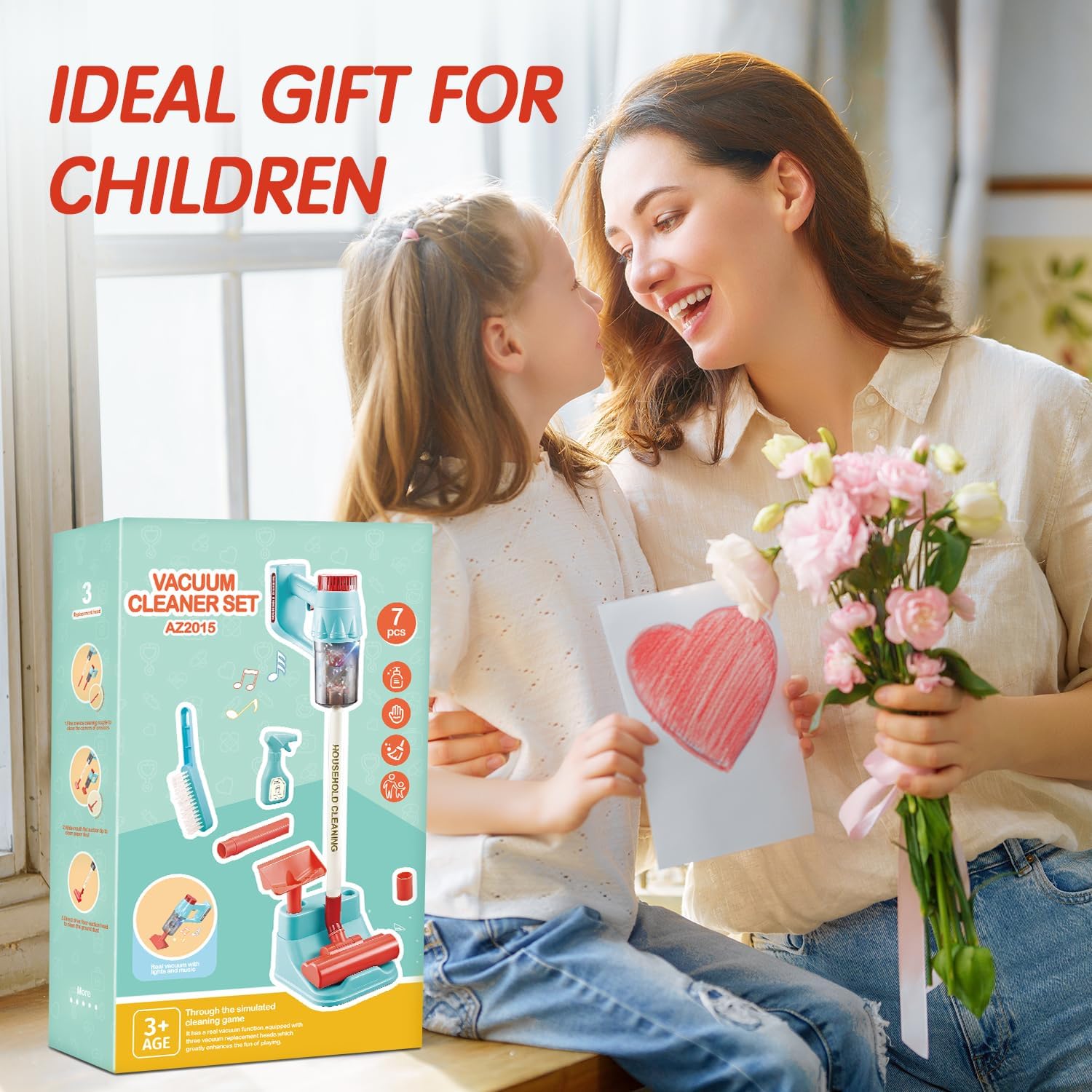 Kids Vacuum Cleaning Toy Set, Kids Vacuum That Really Works with Real Suction Light & Sounds Effects, Durable Toy Vacuum Toddler Cleaning Set as Gifts for Children Age 3+