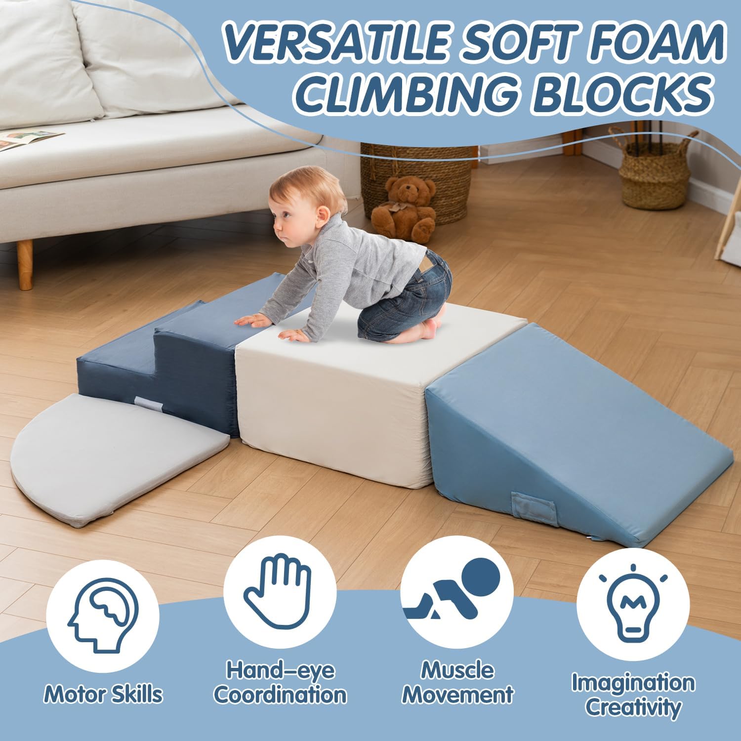 Large 4 Pcs Climbing Toys for Toddlers 1-3 Inside, Oderless & Skin-Friendly Toddler Climbing Toys Indoor, Foam Climbing Blocks for Toddlers with Velcro to Keep Them Together Ideal Gift