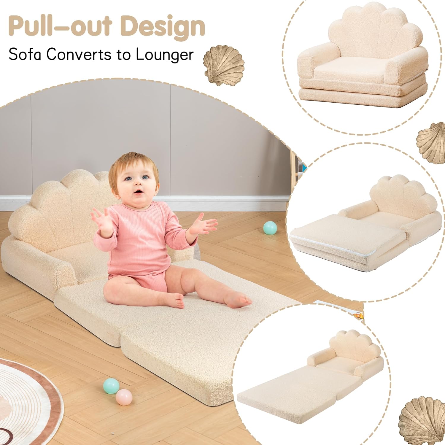 2-in-1 Kids Couch, Toddler Couch Fold Out, Comfy Toddler Chair, Convertible Kids Sofa to Lounger with Pocket and Removable Cover