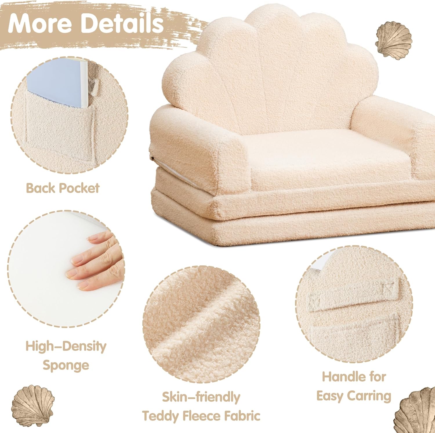 2-in-1 Kids Couch, Toddler Couch Fold Out, Comfy Toddler Chair, Convertible Kids Sofa to Lounger with Pocket and Removable Cover