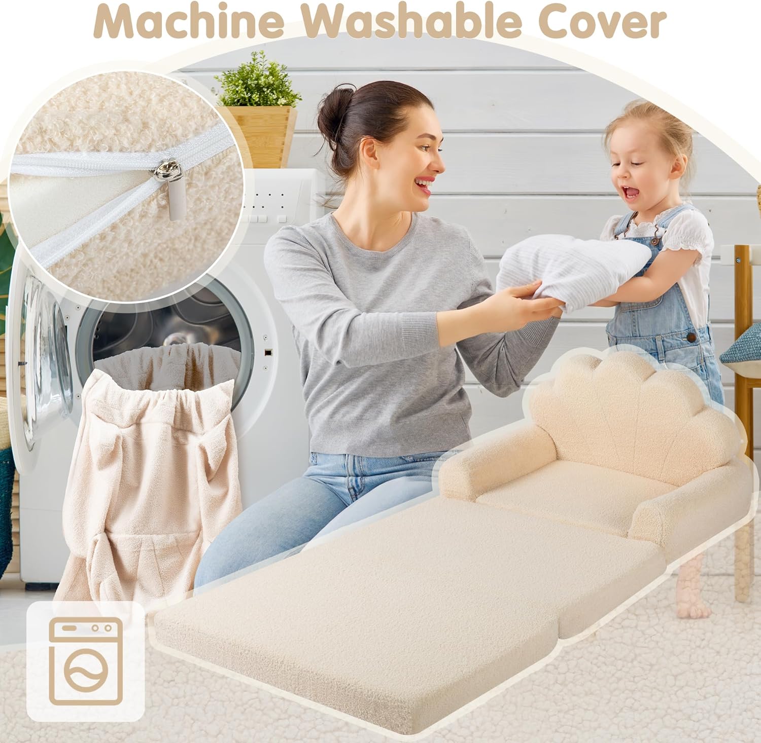 2-in-1 Kids Couch, Toddler Couch Fold Out, Comfy Toddler Chair, Convertible Kids Sofa to Lounger with Pocket and Removable Cover