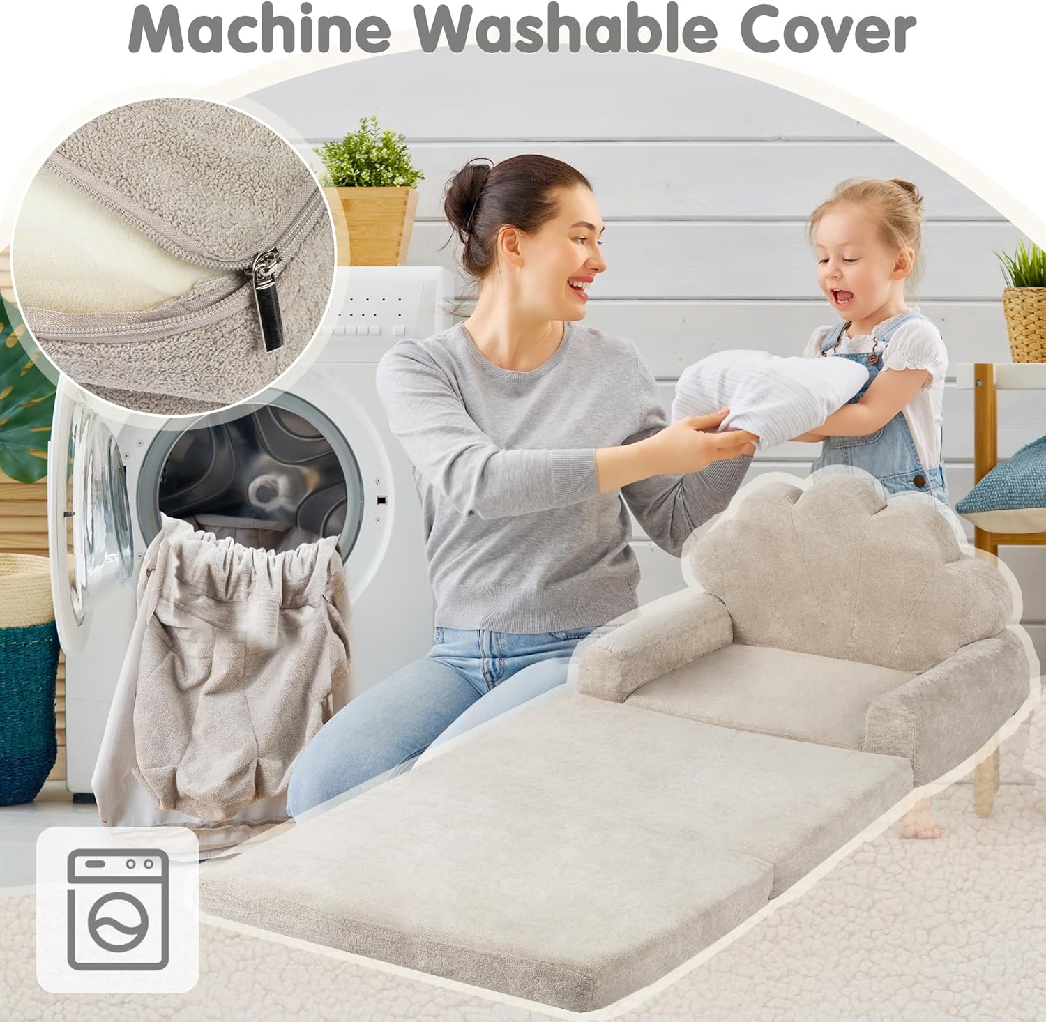 2-in-1 Kids Couch, Toddler Couch Fold Out, Comfy Toddler Chair, Convertible Kids Sofa to Lounger with Pocket and Removable Cover